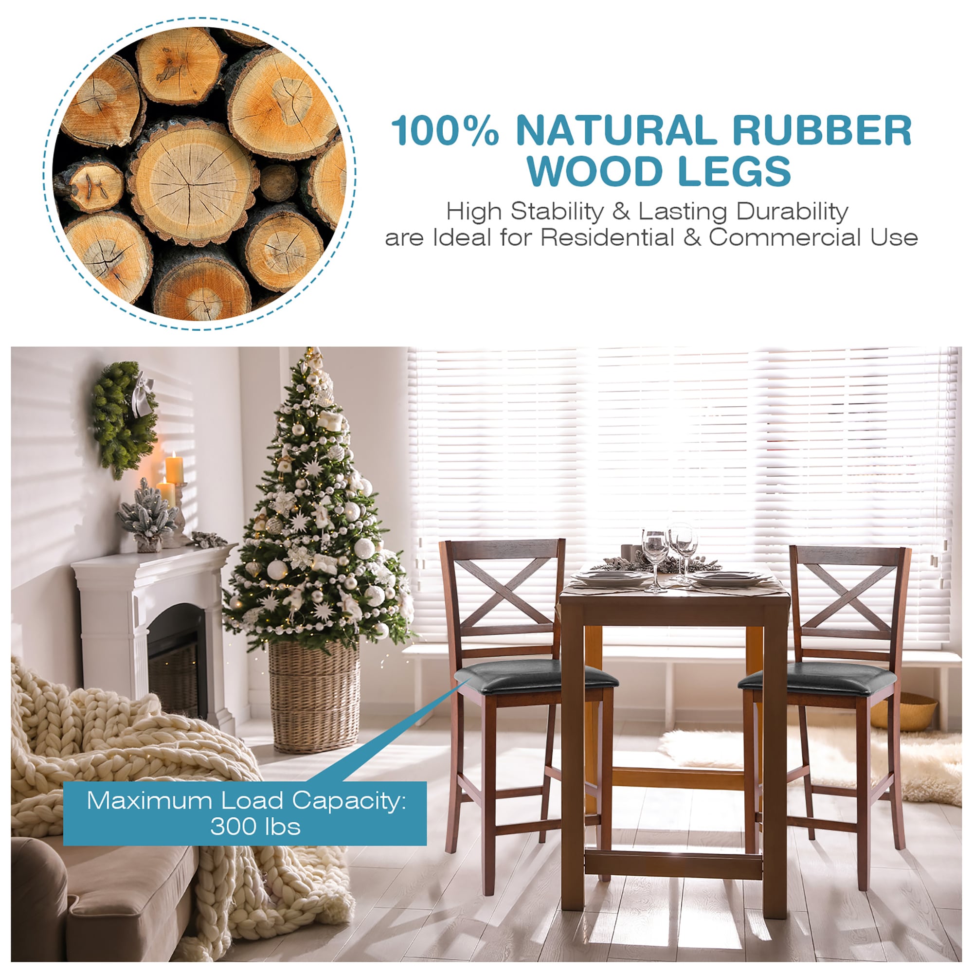 Set of 2 Walnut Wood Bar Stools with Black Leather Seat