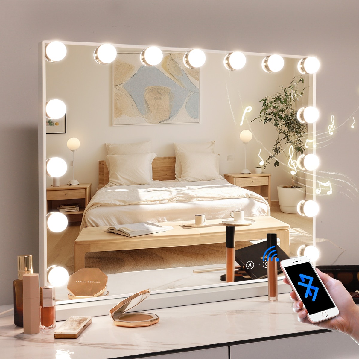 LOVMOR SF-H-W3660P373019 Vanity Mirror with Lights and Bluetooth Speaker Lighted Hollywood Mirror with 15 Dimmable LED Bulbs USB Charge Port 3 Color Lighting Modes