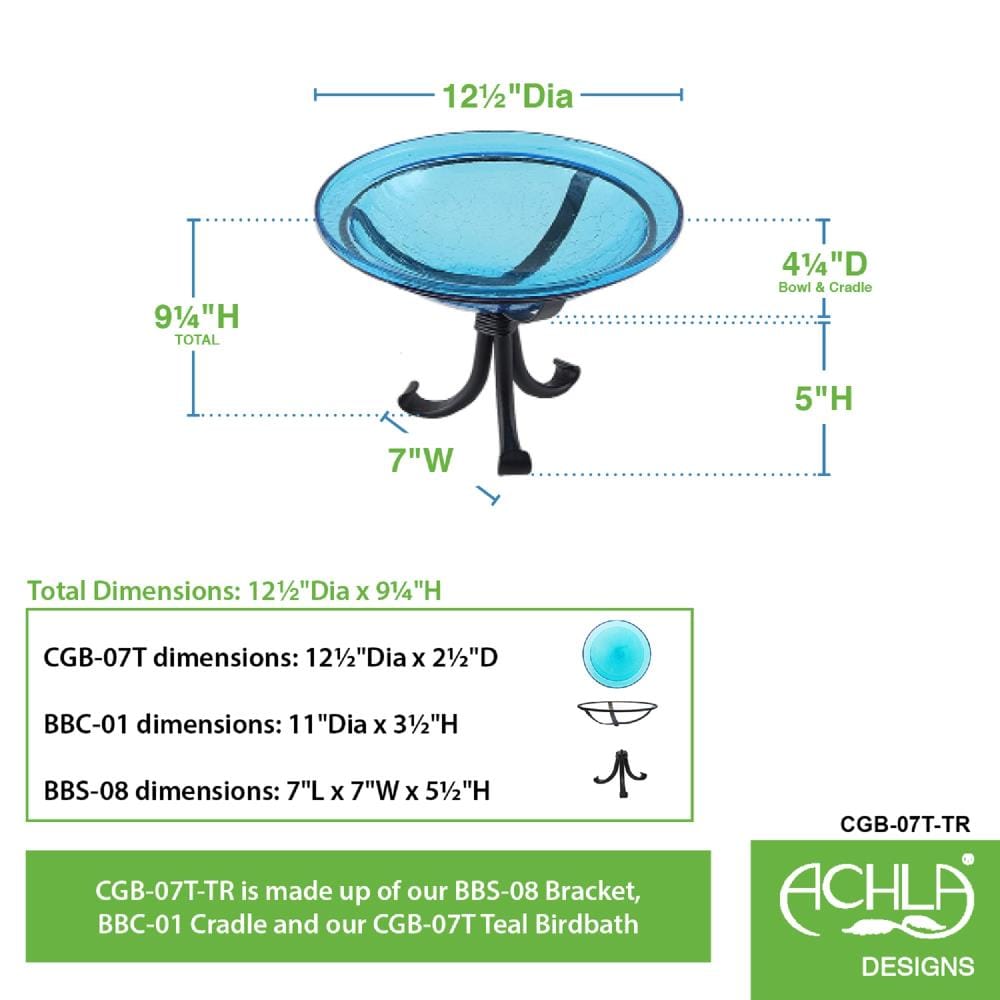 Teal Crackle Glass Birdbath with Black Wrought Iron Stand
