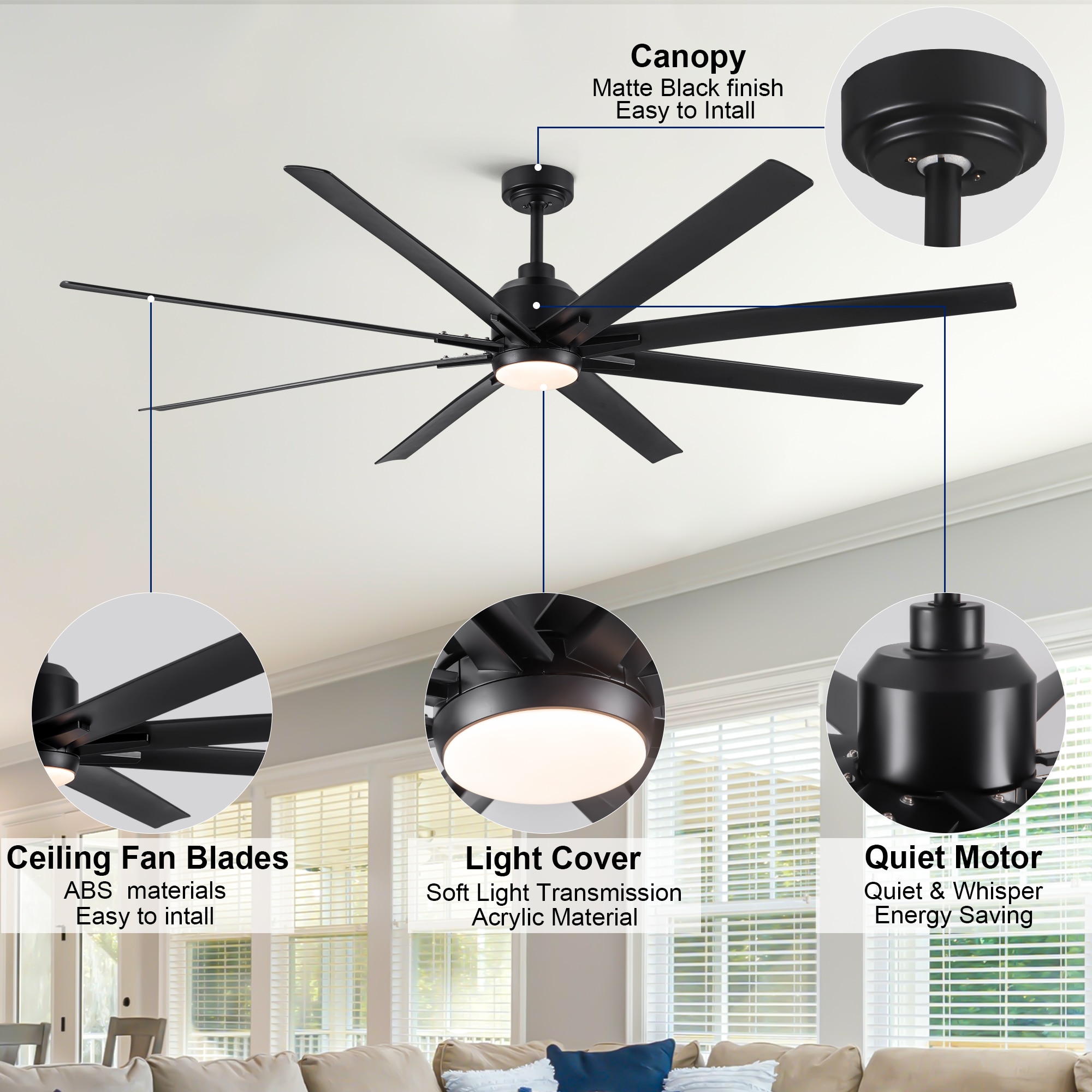 Heekcaa 72-Inch Black Matte Ceiling Fan with Remote and LED Light