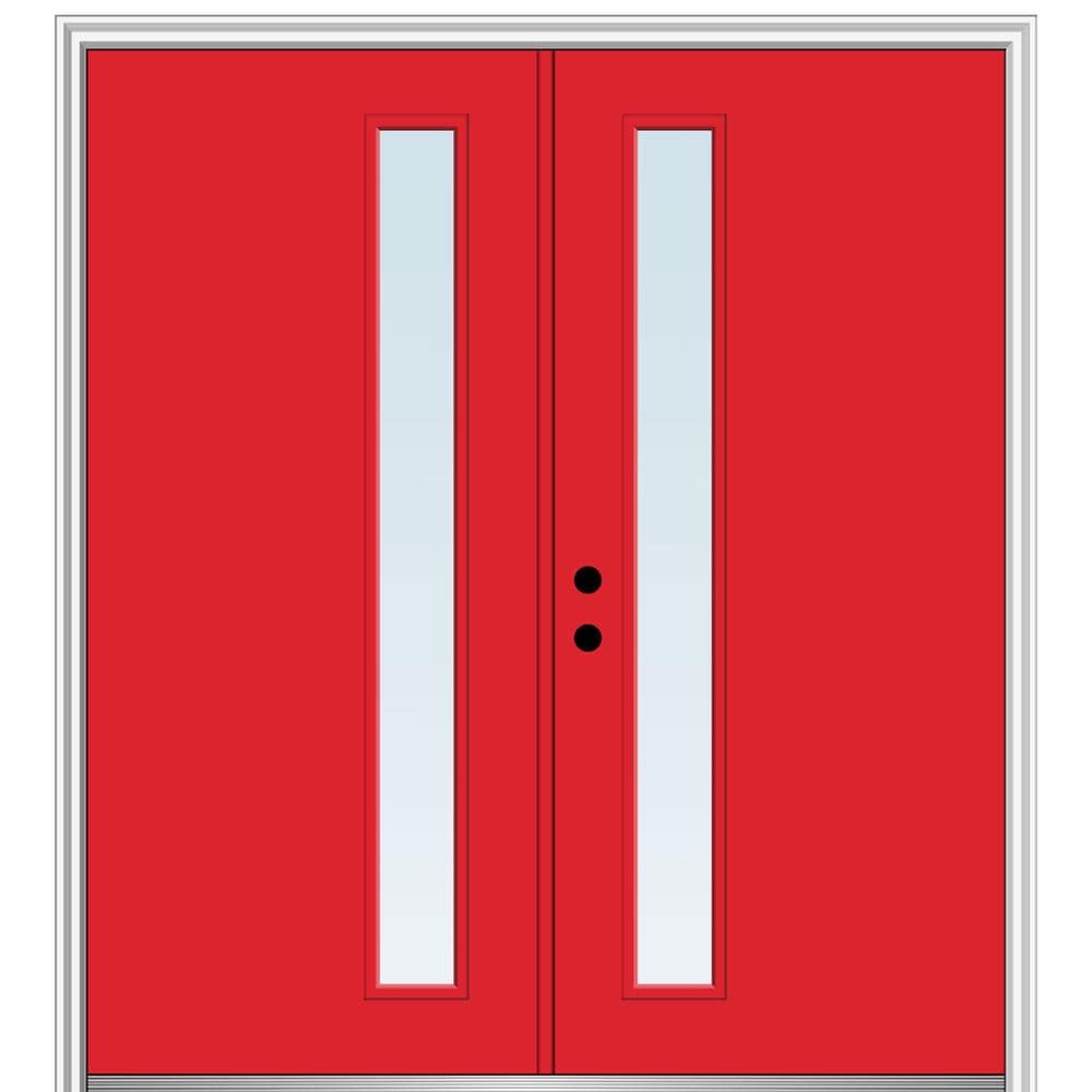 MMI DOOR ZZ345769R Spotlights 72-in x 80-in x 4-9/16-in Fiberglass Pulse lite Right-hand inswing Red Saffron Painted Prehung Double Front Door with Brickmould Insulating core
