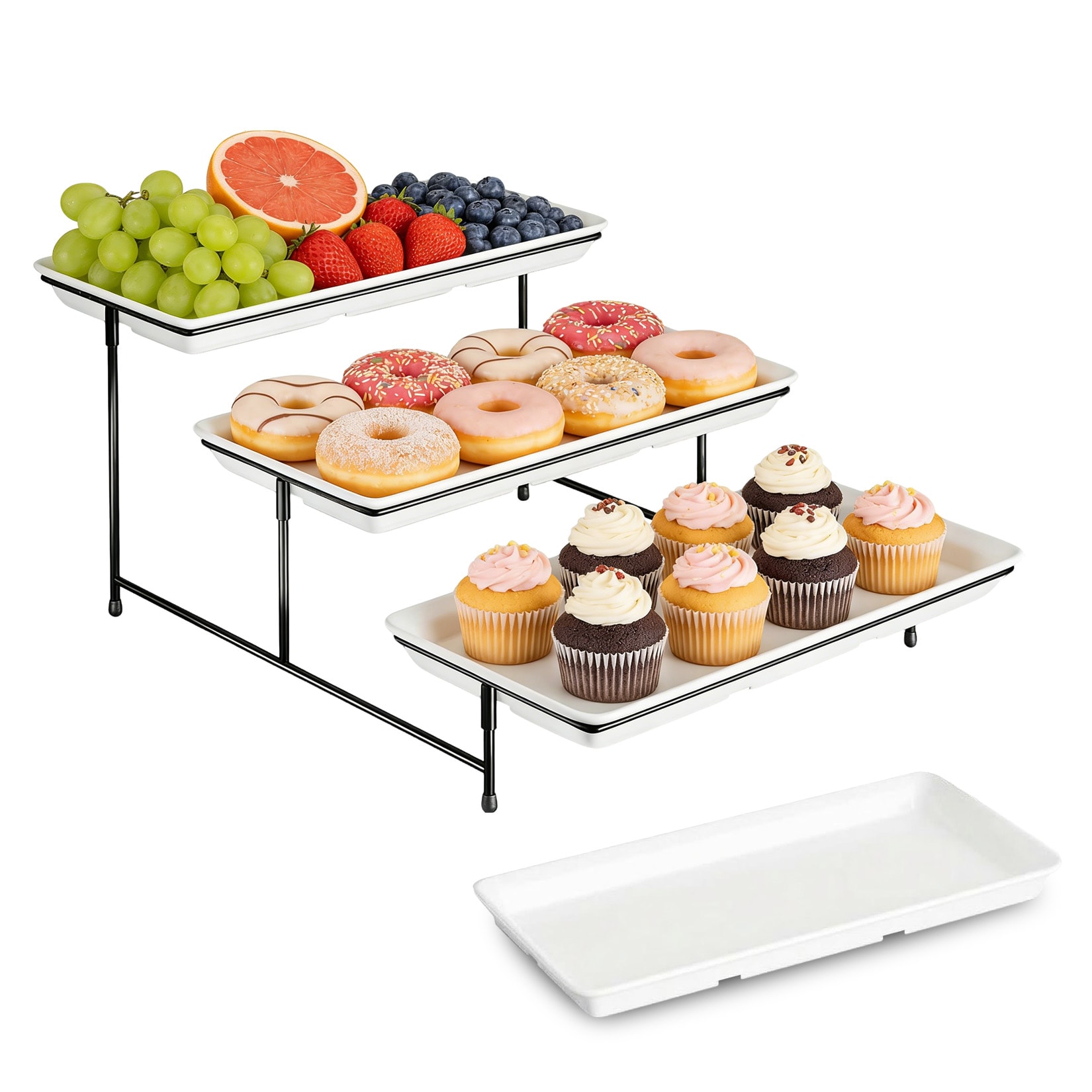Garvee 4 Tier Serving Tray Set with Stand 14 Inch White Melamine Tiered Dessert Stand with Black Metal Foldable Rack Cupcake Stand for Party Wedding Fruit Snacks and Appetizers