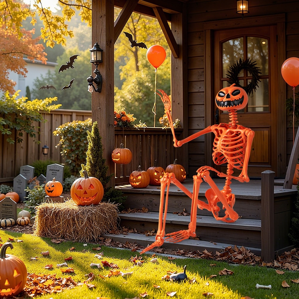 Costway  5.2 FT Poseable Halloween Skeleton Life-Size Decoration with Pumpkin Head Orange