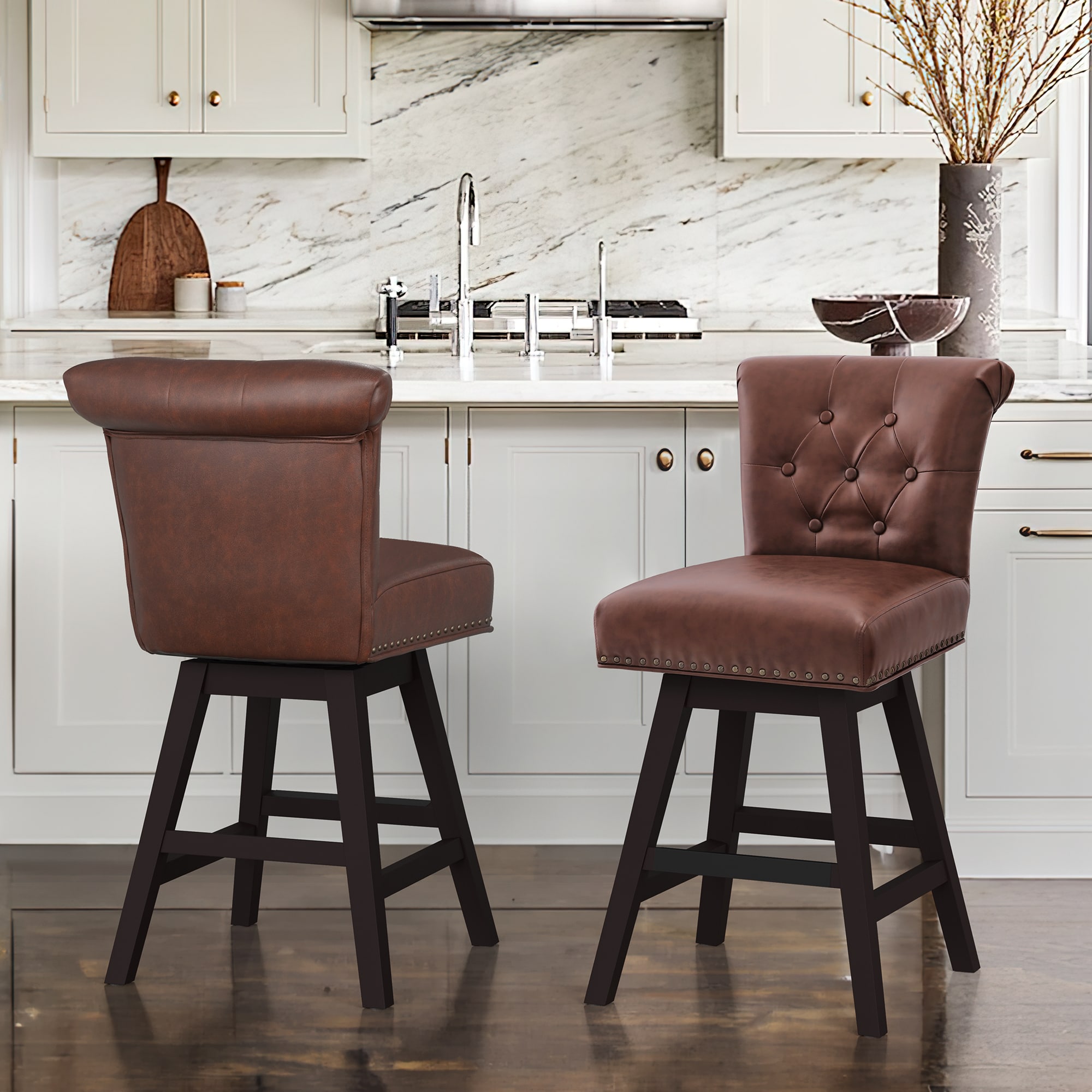 LUE BONA YB-015-06LS Set of 2 Brown/Faux Leather 25.8-in H Counter height (24-in to 27-in) Square Seat Upholstered Swivel Wood Back Bar Stool Back