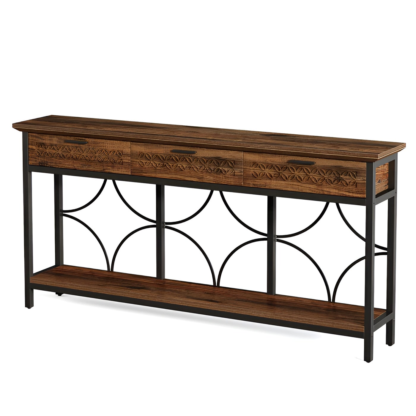 Slickblue Industrial Console Table with 3 Storage Drawers Open Shelf and Metal Frame for Entryway Living Room or Hallway