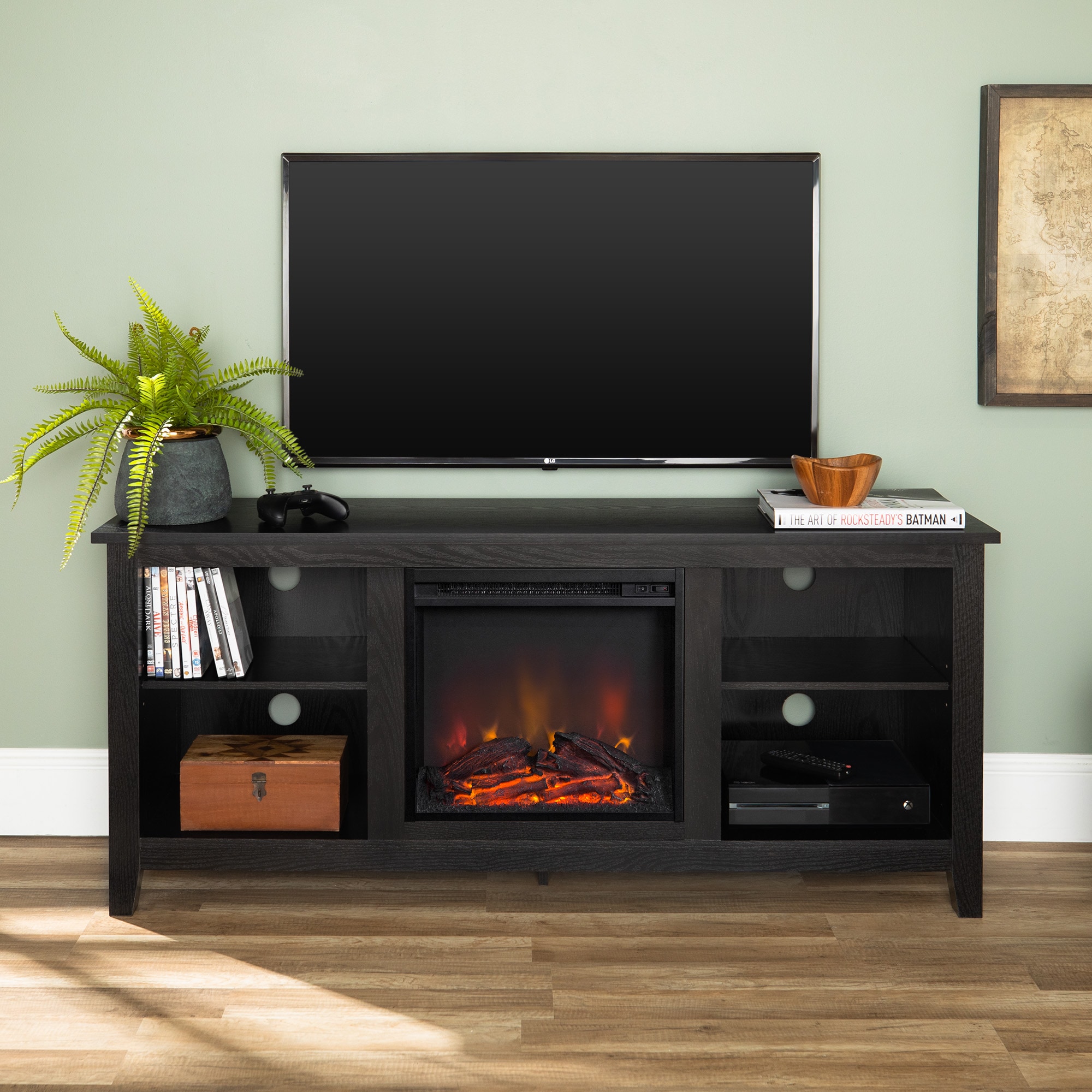 Walker Edison 58-in W Black TV Stand with LED Electric Fireplace at ...