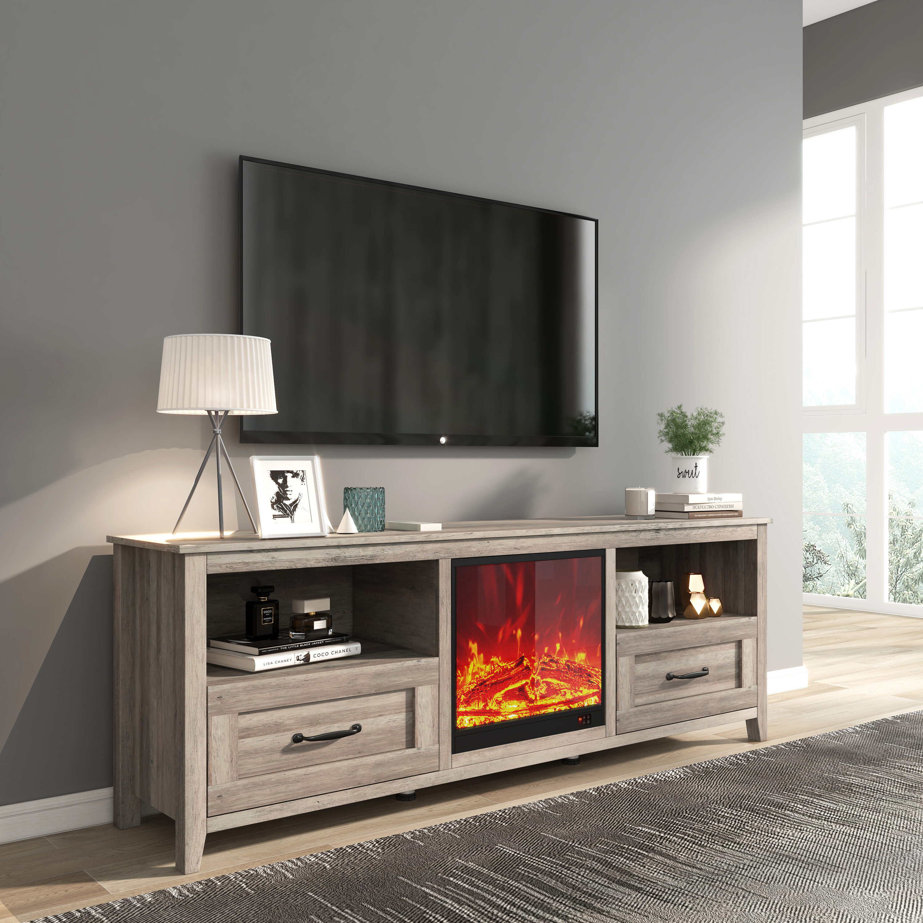 LOVMOR SF-R-W881P233518 70.08 Inch Length TV Stand for Living Room and Bedroom with 2 Drawers and 4 High-Capacity Storage Compartment Grey Walnut