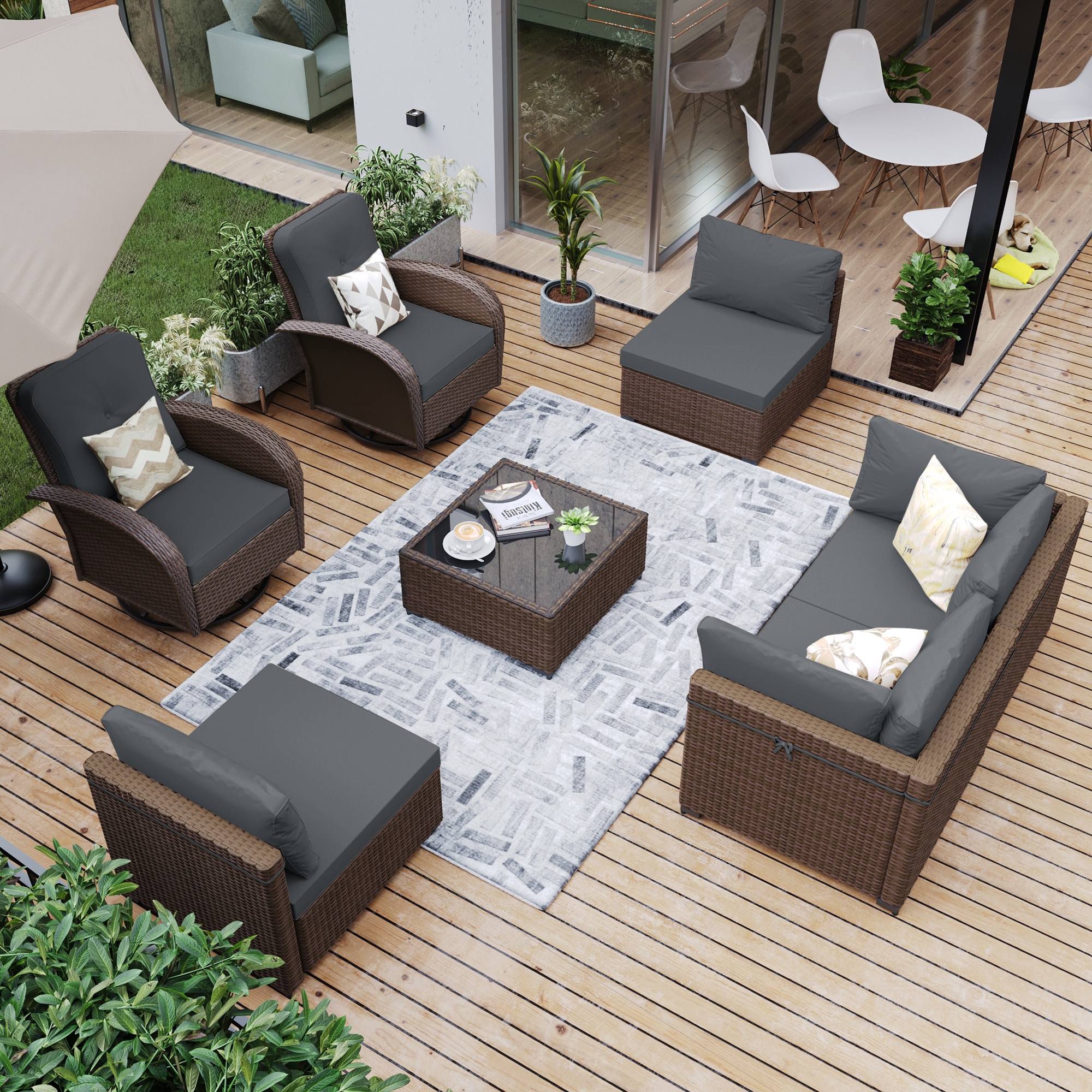 UPHA PL-CZY11-Z3 Wicker Patio Conversation Set Sectional Seating Set 7 -Piece Wicker 4 Patio Sofa Conversation Set with Dark Gray Cushions