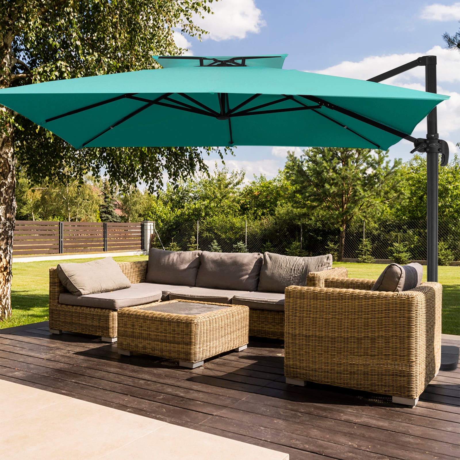 JEAREY JE-11FXBRT-KQL 11-ft Aluminum Blue Crank Cantilever Patio Umbrella with Base