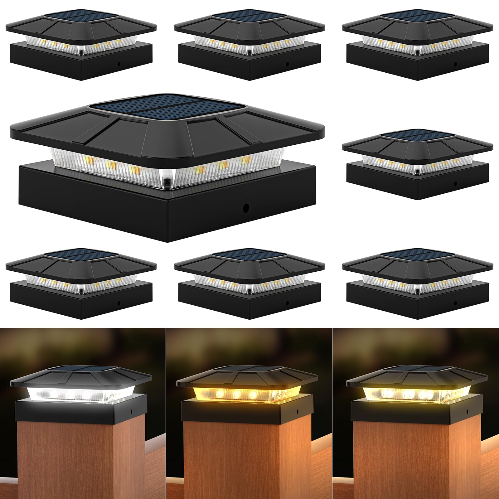 Anqtovp 8 Pack 4x4 Solar Post Cap Lights Outdoor Waterproof IP65 Three Lighting Modes for Fence Deck Patio Garden Dusk to Dawn Solar Powered