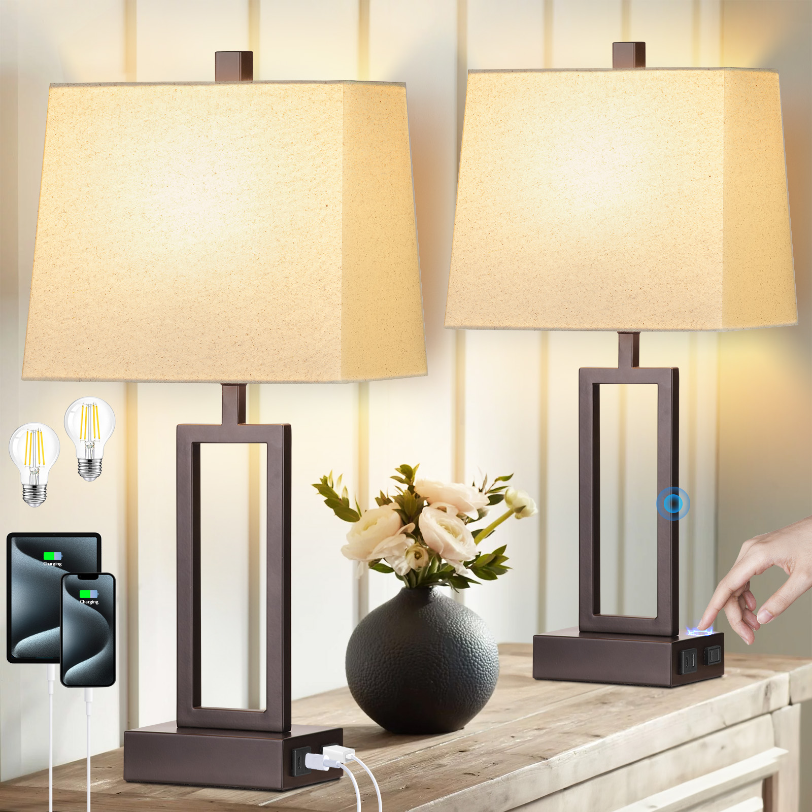 UrFurnishings TD-269 Haahris 23.5-in brown LED Touch Table Lamp with Linen Shade