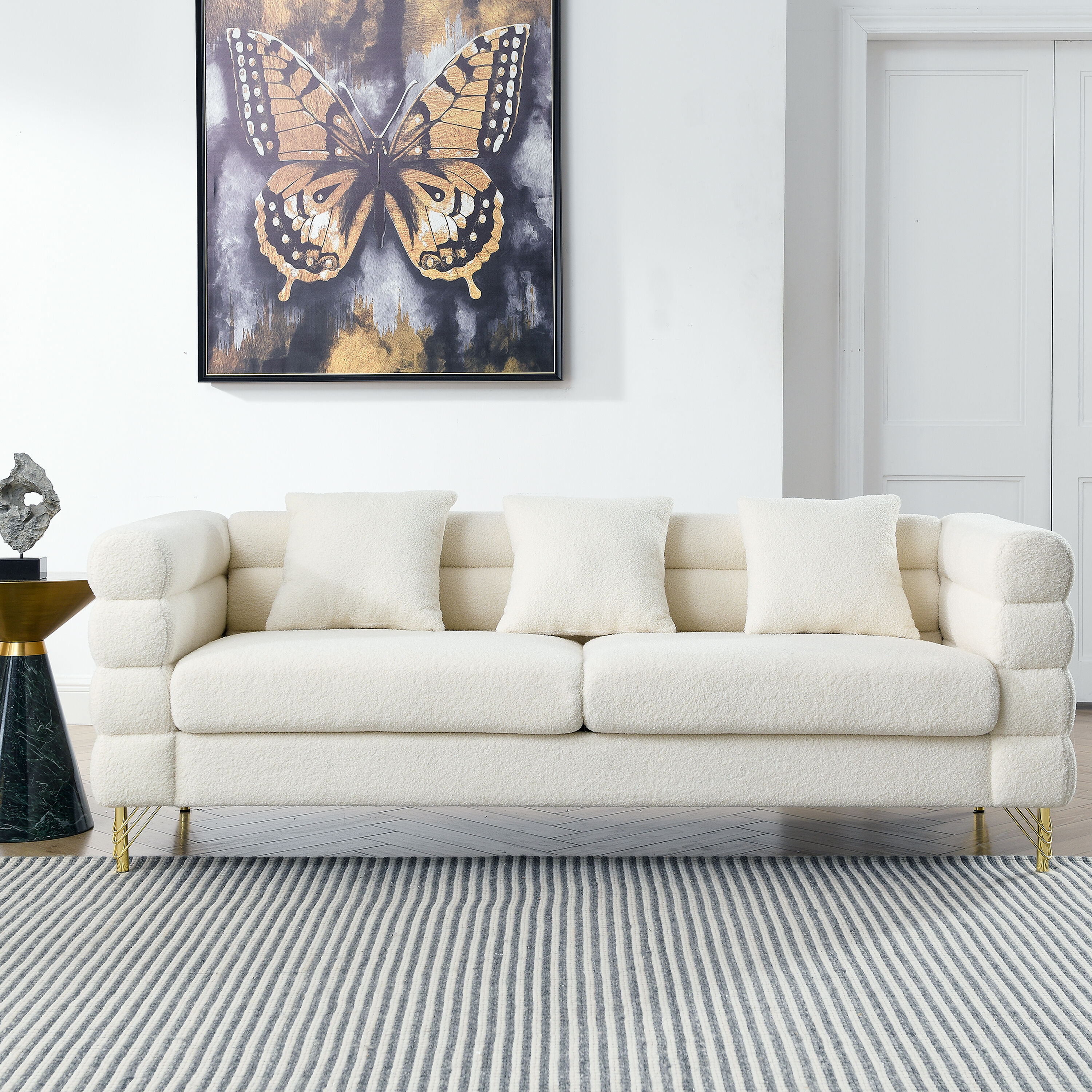 LUXEYARD 81 Inch Oversized 3 Seater Sectional Sofa  Living Room Comfort Fabric Sectional Sofa - Deep Seating Sectional Sofa  Soft Sitting with 3 Pillows for Living Room Bedroom White teddy(Ivory)
