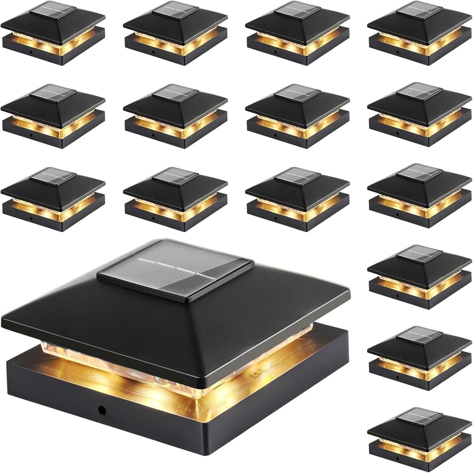 Wudkey 16-Pack Waterproof Black Warm White Solar Powered Post Cap Lights Fit 4x4 Wood Vinyl Posts