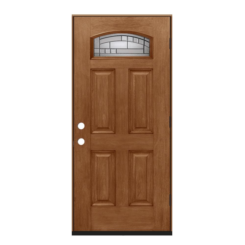 JELD-WEN LOWOLJW232300023 36-in x 80-in x 4-9/16-in Fiberglass 1/4 lite Left-hand outswing Hazelnut Stained Prehung Front Door Insulating core