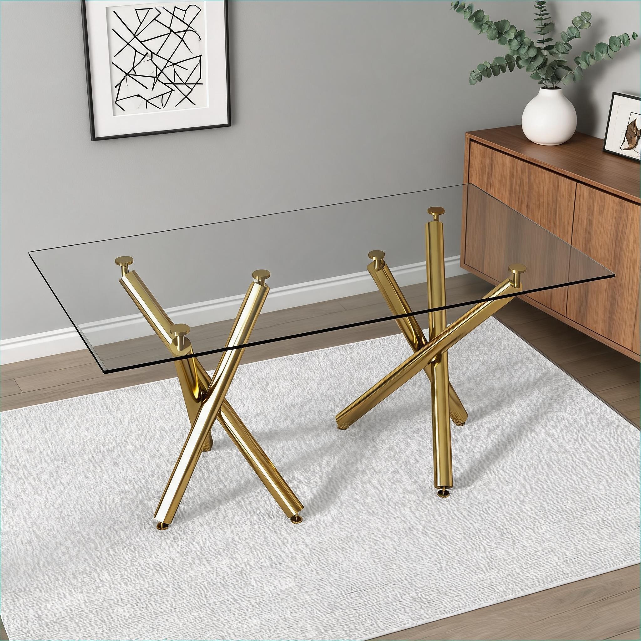 Watnature Tempered glass rectangular dining table for dining working meeting 6-8 seater with golden metal legs 71 inch large size #0WZJNY1N5KW9