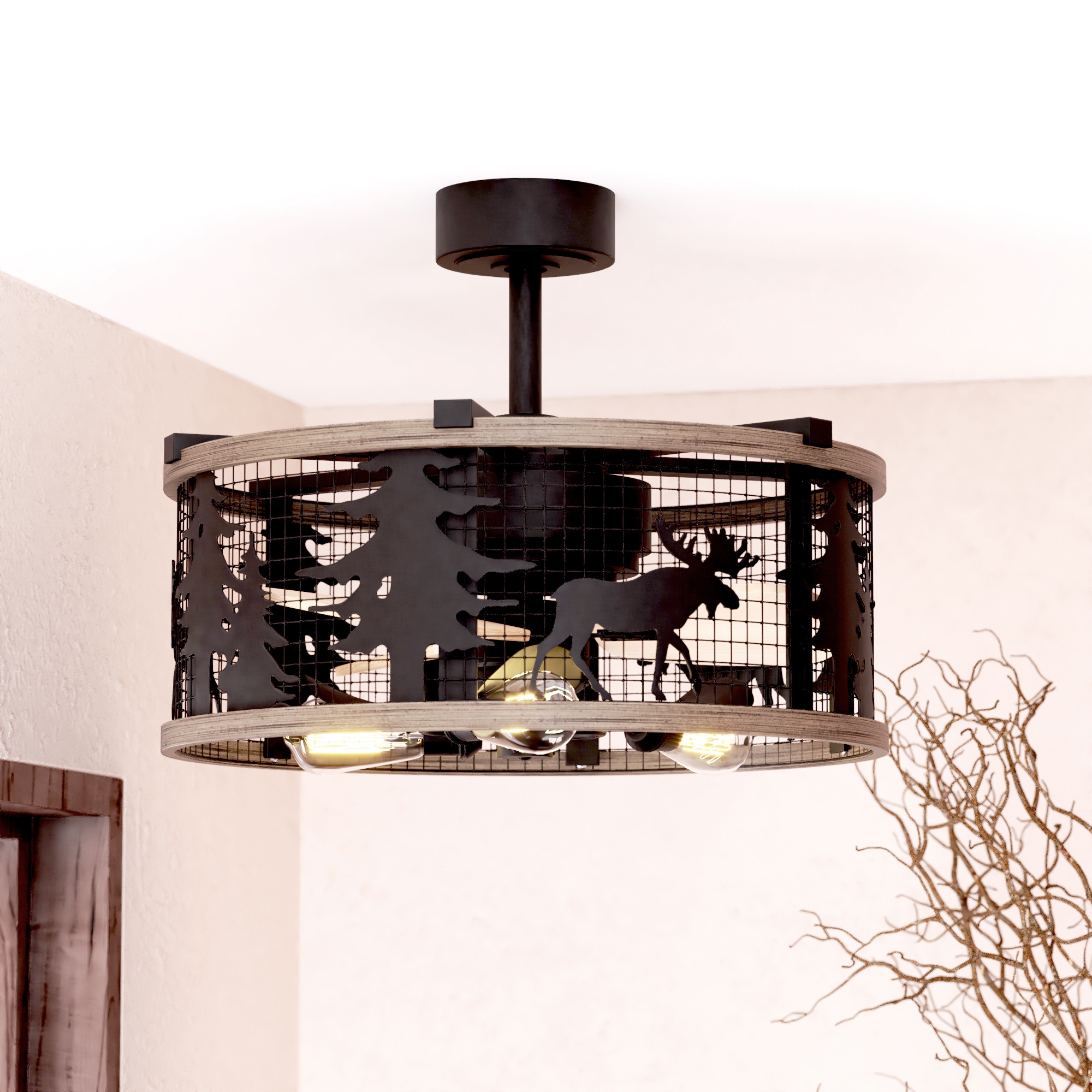 Cascadia F0103 Kodiak 21-in Black and Burnished Teak with Anigre Blades Fandelier Ceiling Fan With Light - Remote Included ( 3 -Blade )