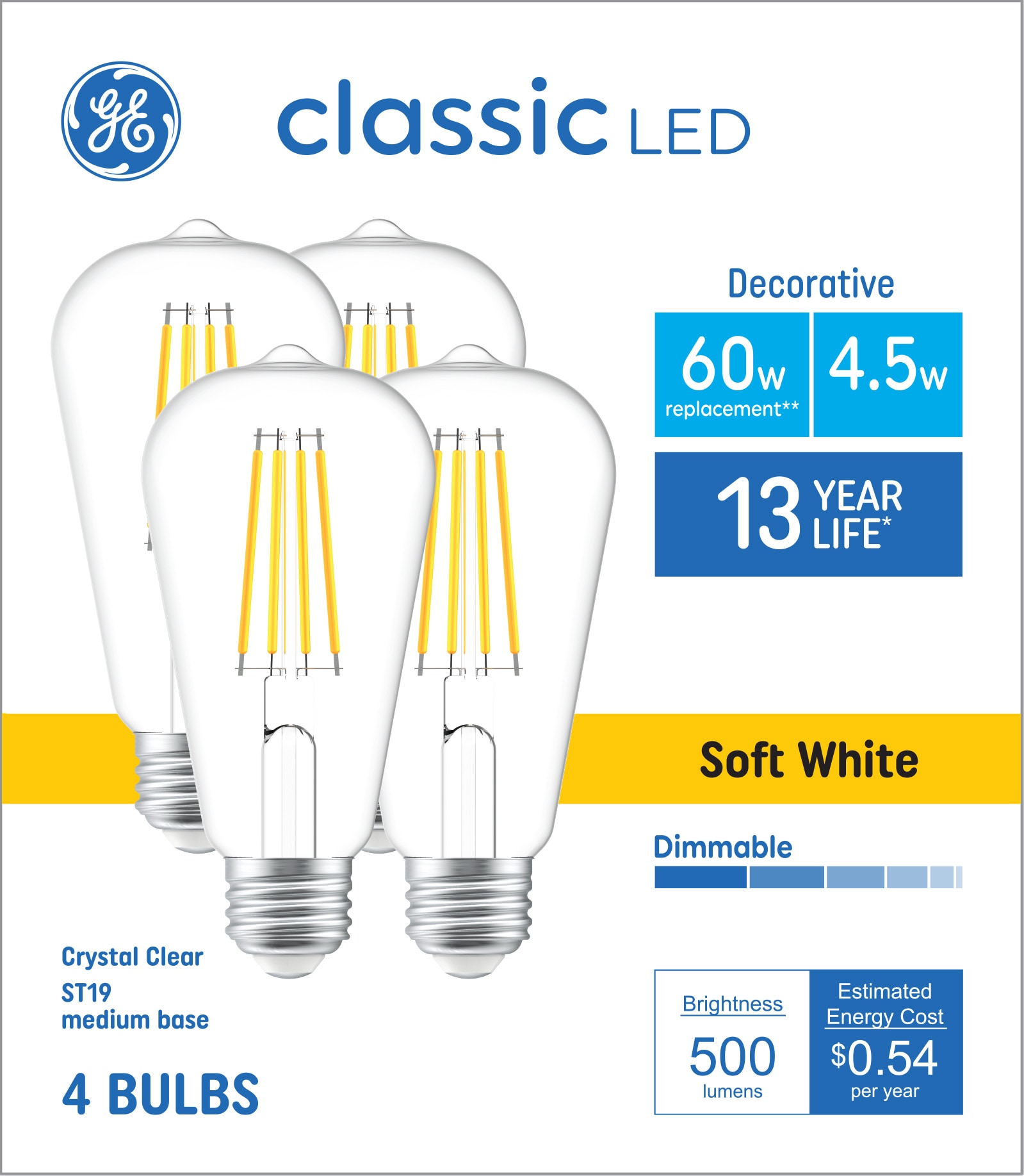 Ge 60 Watt Eq St19 Soft White Medium Base E 26 Dimmable Led Decorative Light Bulb 4 Pack In 4616