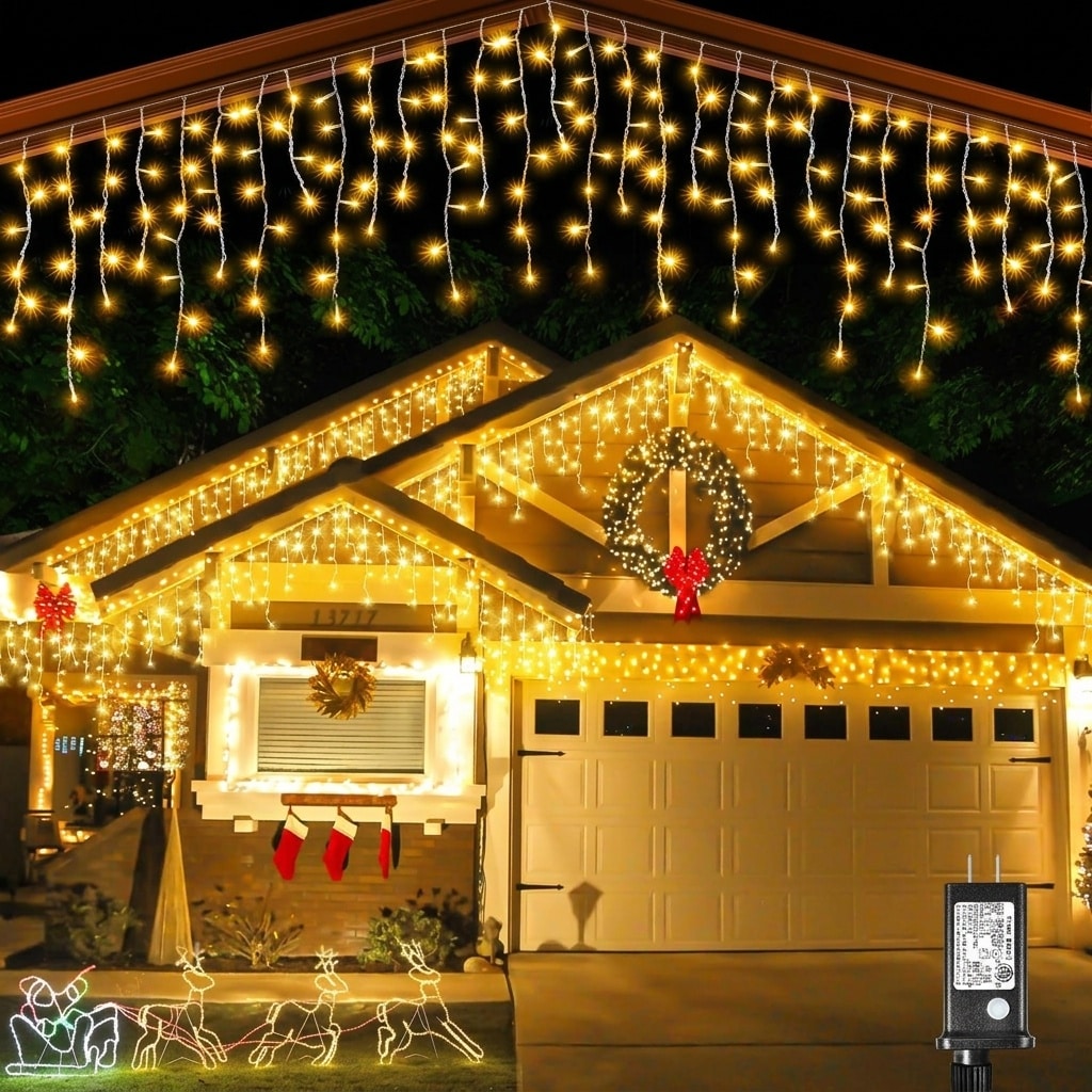 AOIZGMY -  132 Ft 1280 Led Icicle Christmas Lights Outdoor Warm White 8 Modes Timer Waterproof Pl...