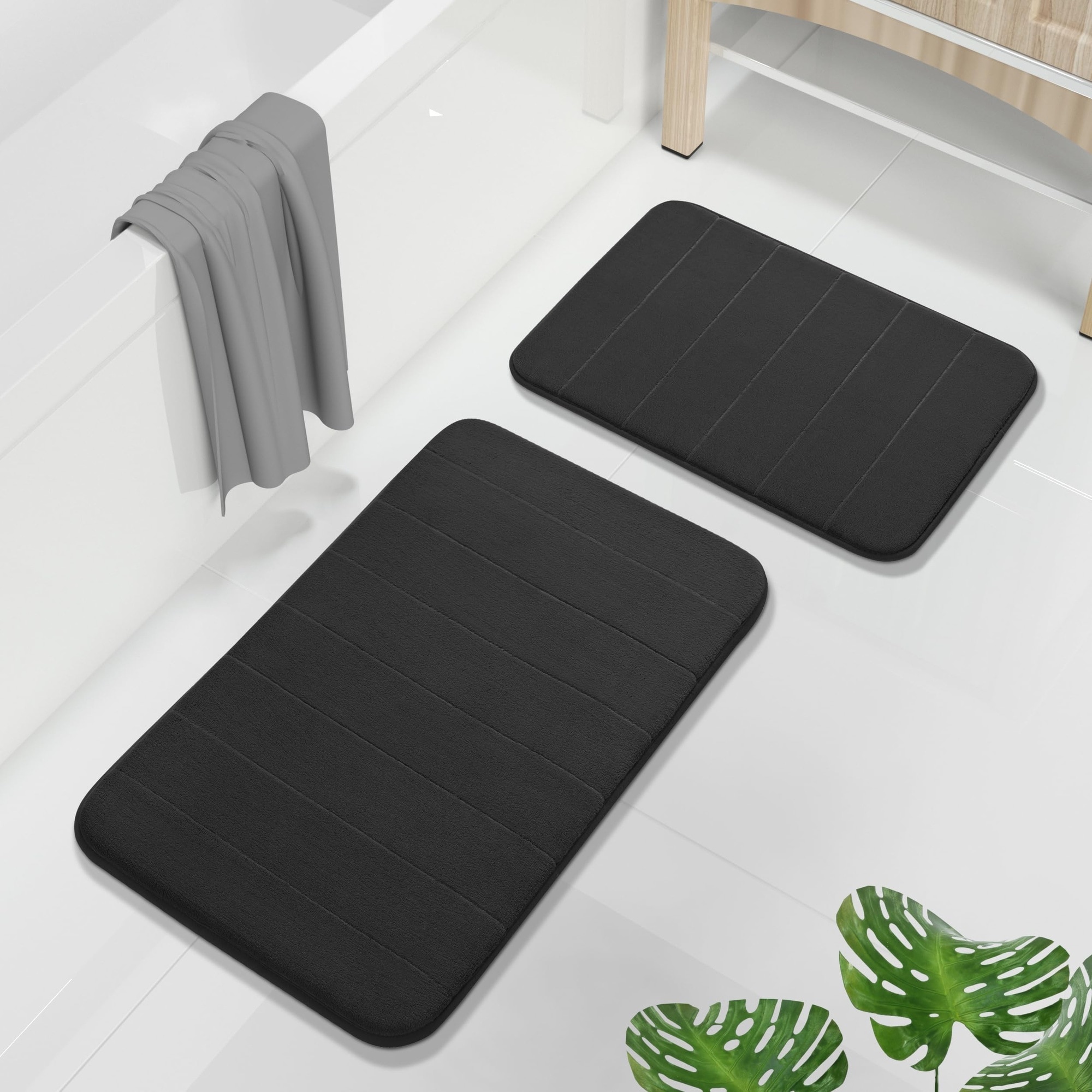 Phewnyzo  Memory Foam Bathroom Rug Set 2 Piece Super Soft Absorbent Quick Dry Non Slip Bath Mat Machine Washable for Tub Shower Sink Black