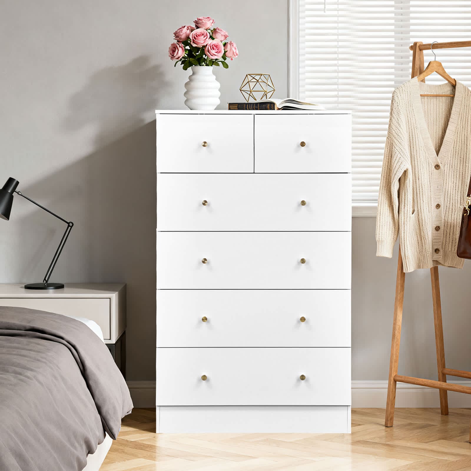 Choco Moon 6 Drawer Dresser with Gold Handle Nursery Dresser Chest Of Drawers Organizer White