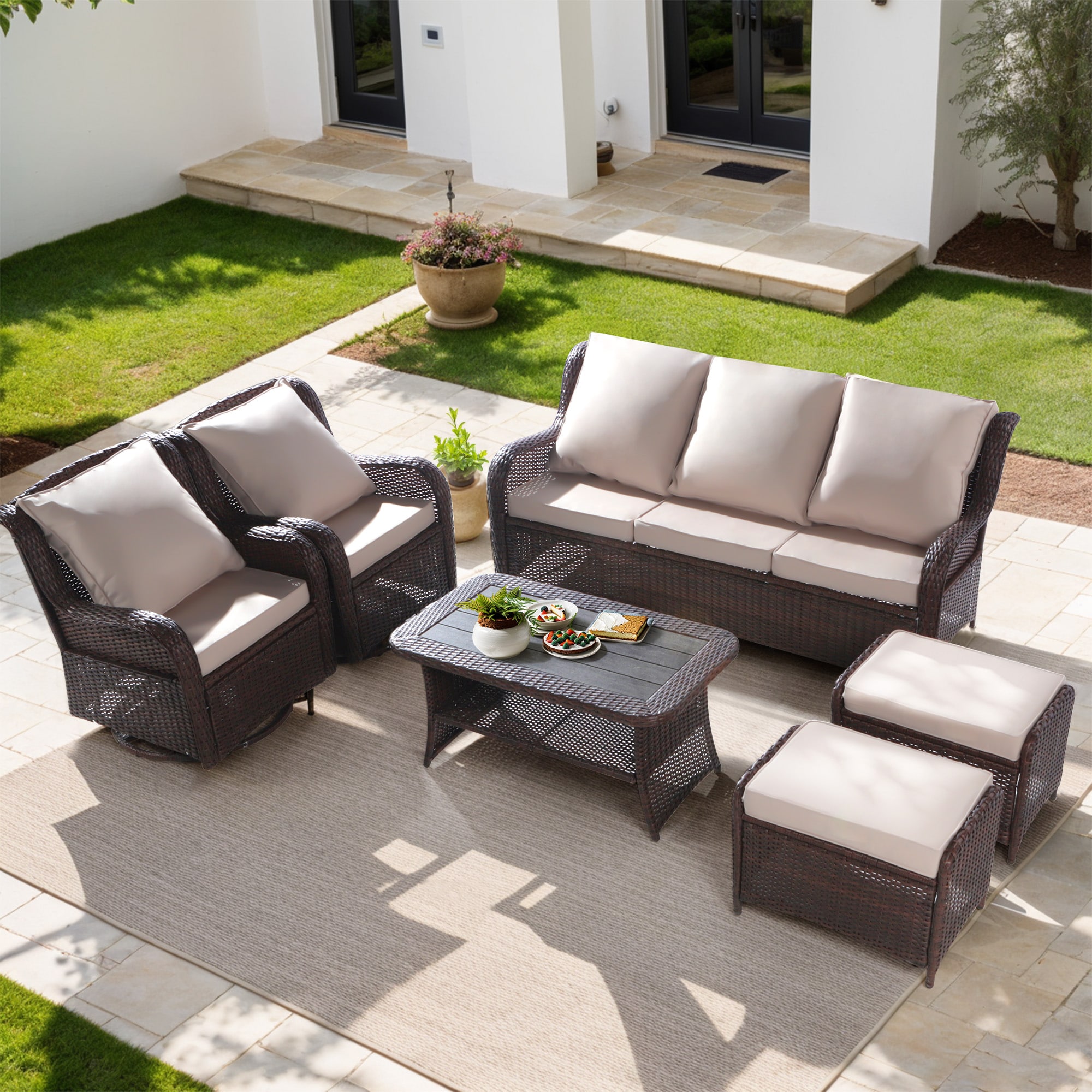NOBLEMOOD LS-2022KH Patio Conversation Sets 6 -Piece Rattan Patio Sofa Conversation Set with Beige Cushions