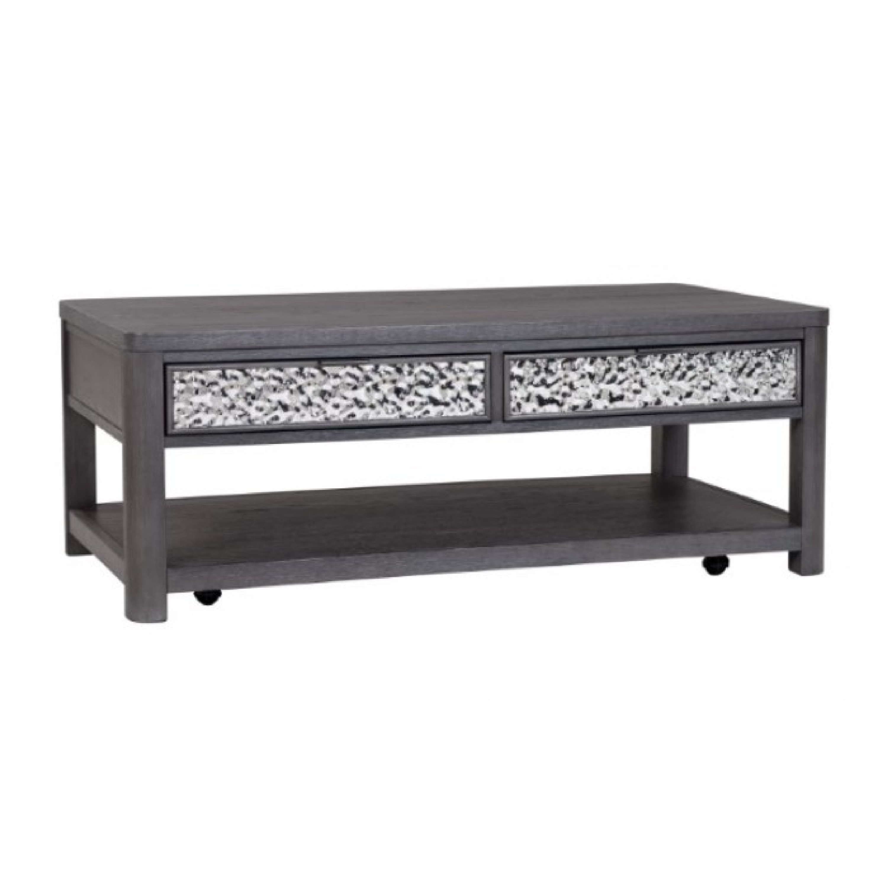 Zoko 48 Inch Coffee Table-Caster Wheels-Drawers-Ash Gray Rubberwood