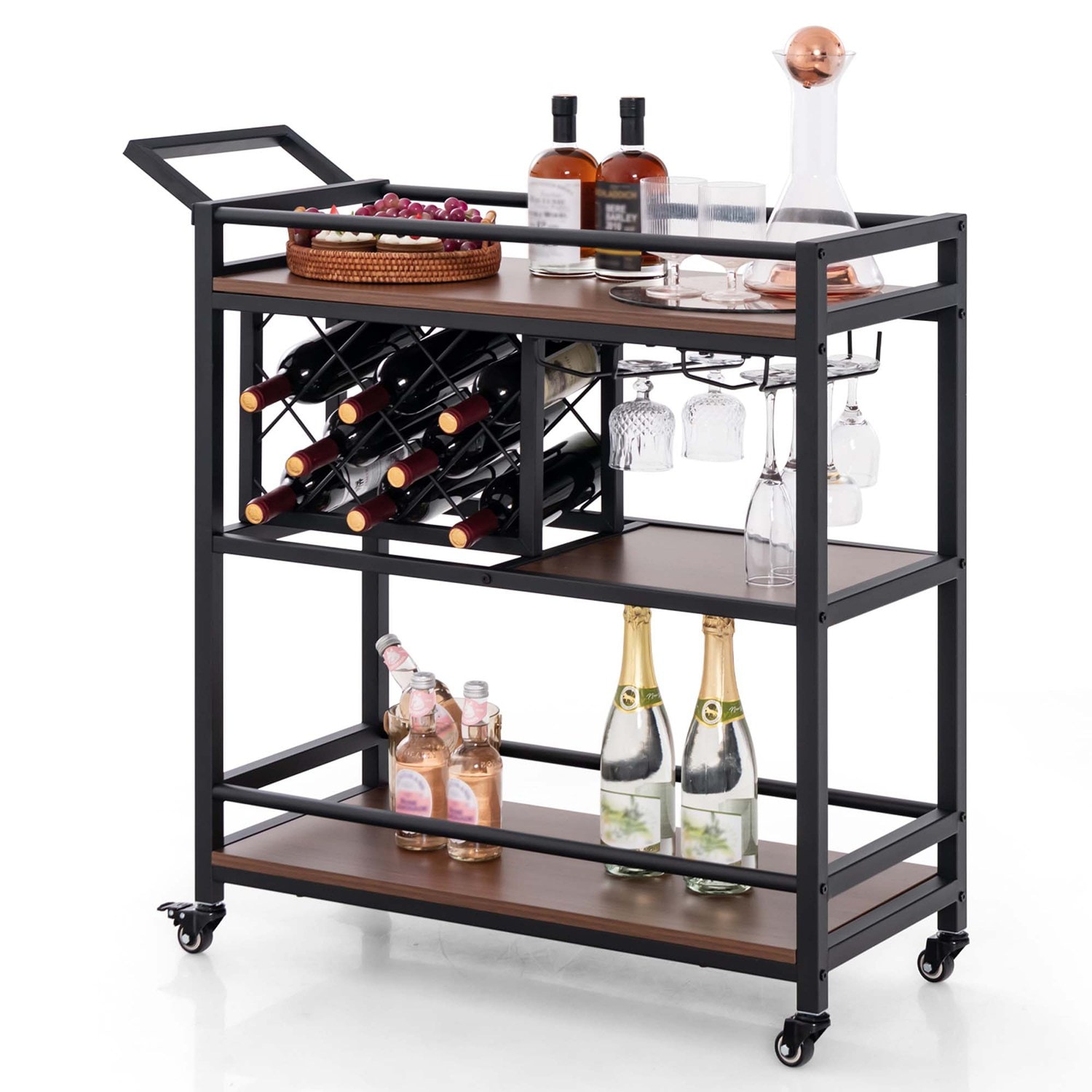 Costway HCST00772 3-tier Bar Cart on Wheels Home Kitchen Serving Cart with Wine Rack and Glass Holder Brown