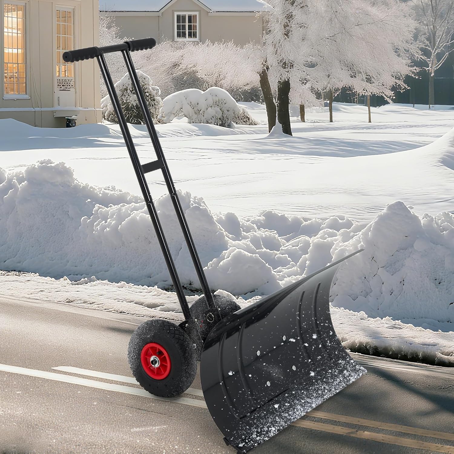 Garvee Snow Shovel Pusher for Driveway Large 39inch W Snow Shovel Pusher with Wheels Ergonomic Snow Pusher Shovel with Snow Removal Adjustable Angle and Height HandleDouble Rodfor Sidewalk #CJH-PPG-33PENPDP
