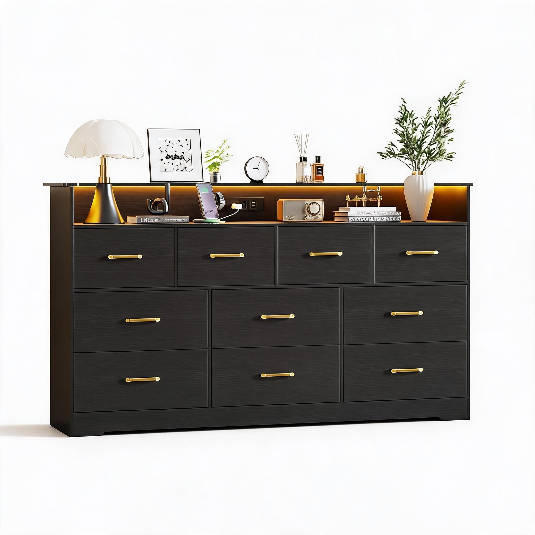 Aoile 10 Drawer Dresser for Bedroom 65 Inch Wide Chest with LED Light and Charging Station Large TV Stand Cabinet with Open Shelf Storage for Living Room Entryway Hallway Black #QYM20260701KBH