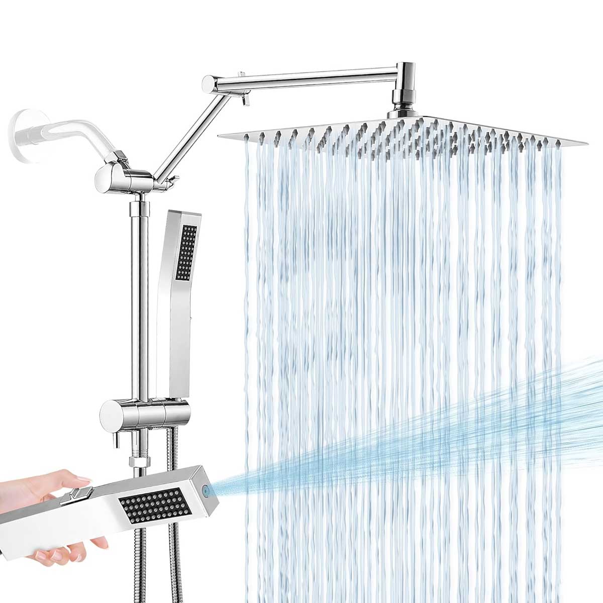 Aoibox IT85S012 10 Inch Rain Shower Head with Handheld Spray High Pressure Waterfall Square Showerhead with 16 in. Adjustable Arm Dual Showerhead with 3-Way Diverter Chrome