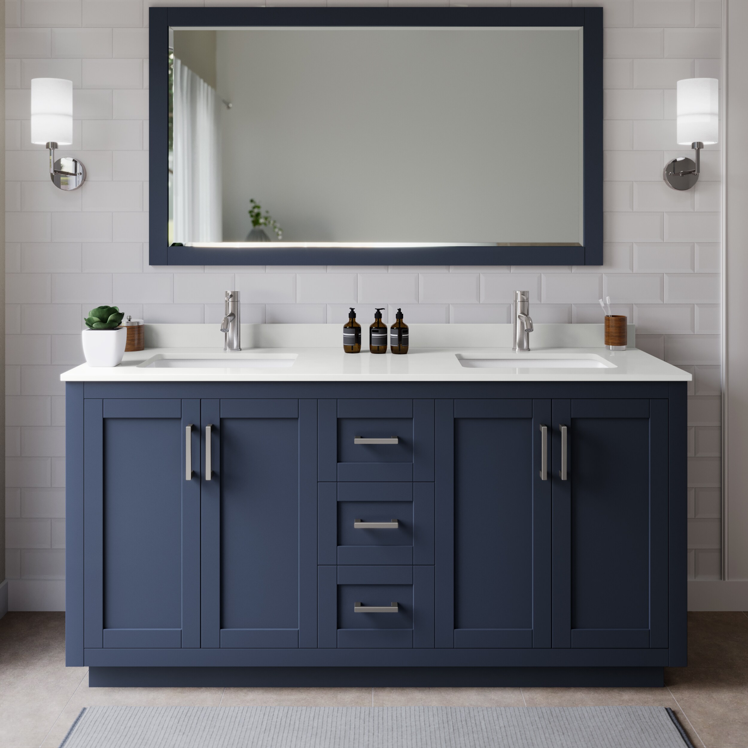 Wyndham Collection WCF292966DBNWQUNSM58 Miranda 66-in Dark Blue Undermount Double Sink Bathroom Vanity with White Quartz Top (Mirror Included)
