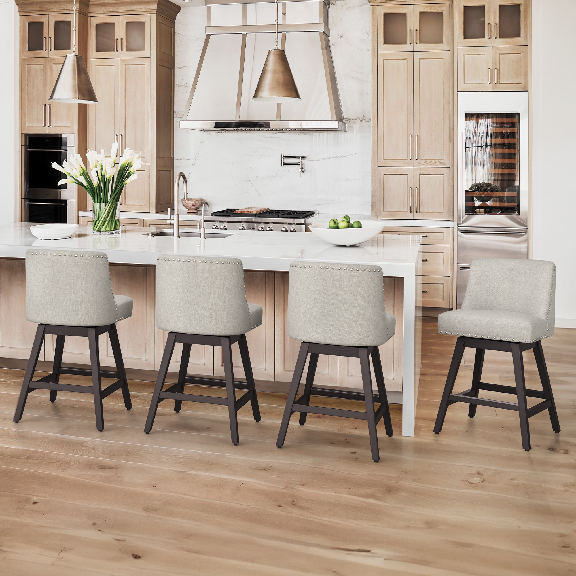 LUE BONA 4LB23CH0015-400LS Set of 4 Oyster Gray 26-in H Counter height (24-in to 27-in) Square Seat Upholstered Swivel Wood Back Bar Stool Back