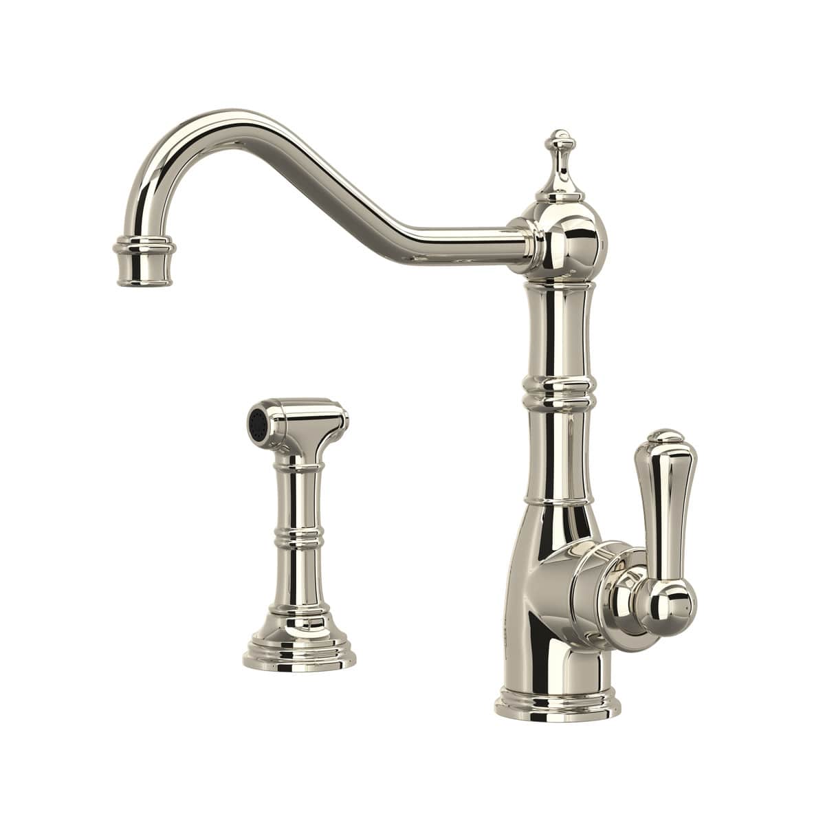 Rohl U.4746PN-2 Edwardian 1.8 GPM Deck Mount Mid Arc Kitchen Faucet in Polished Nickel with Lever Handle (Side Spray Included)