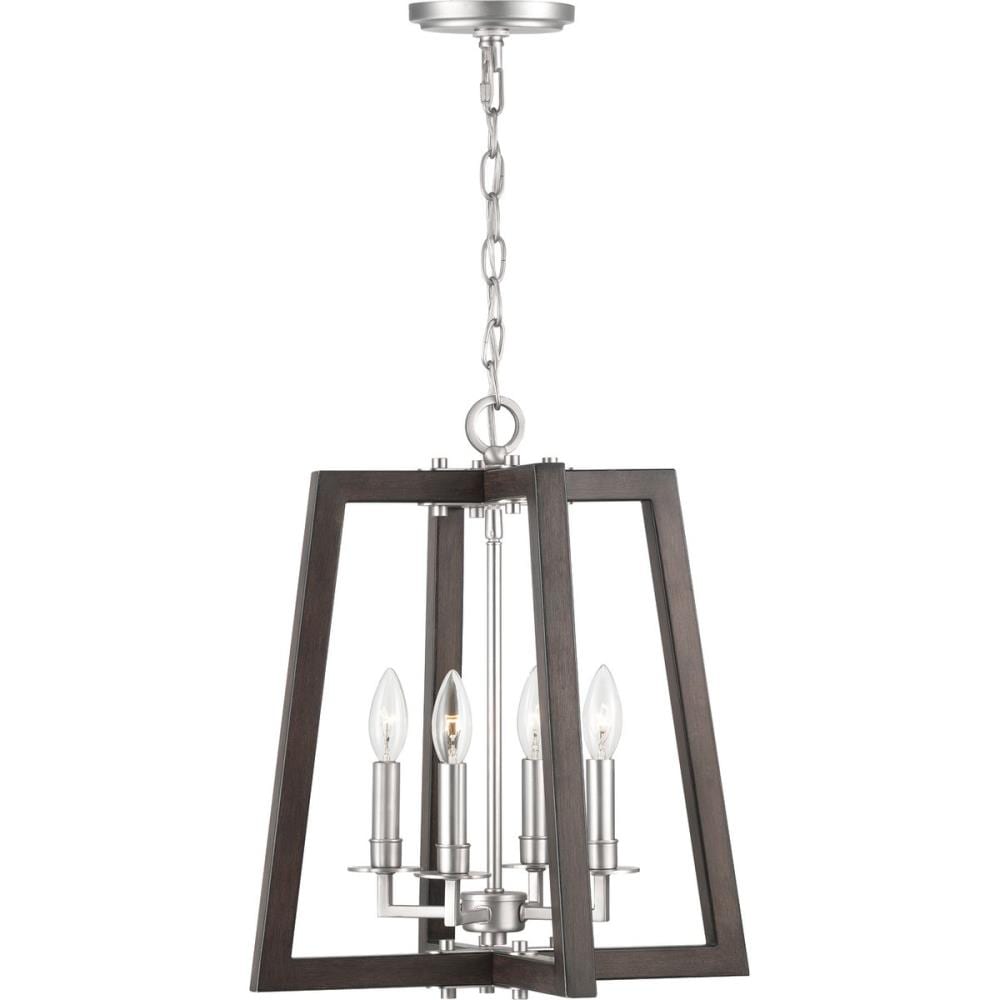 Progress Lighting P500255-147 Forrester 4 -Light Satin Nickel and Teak Wood Farmhouse Lantern Medium Hanging Pendant light