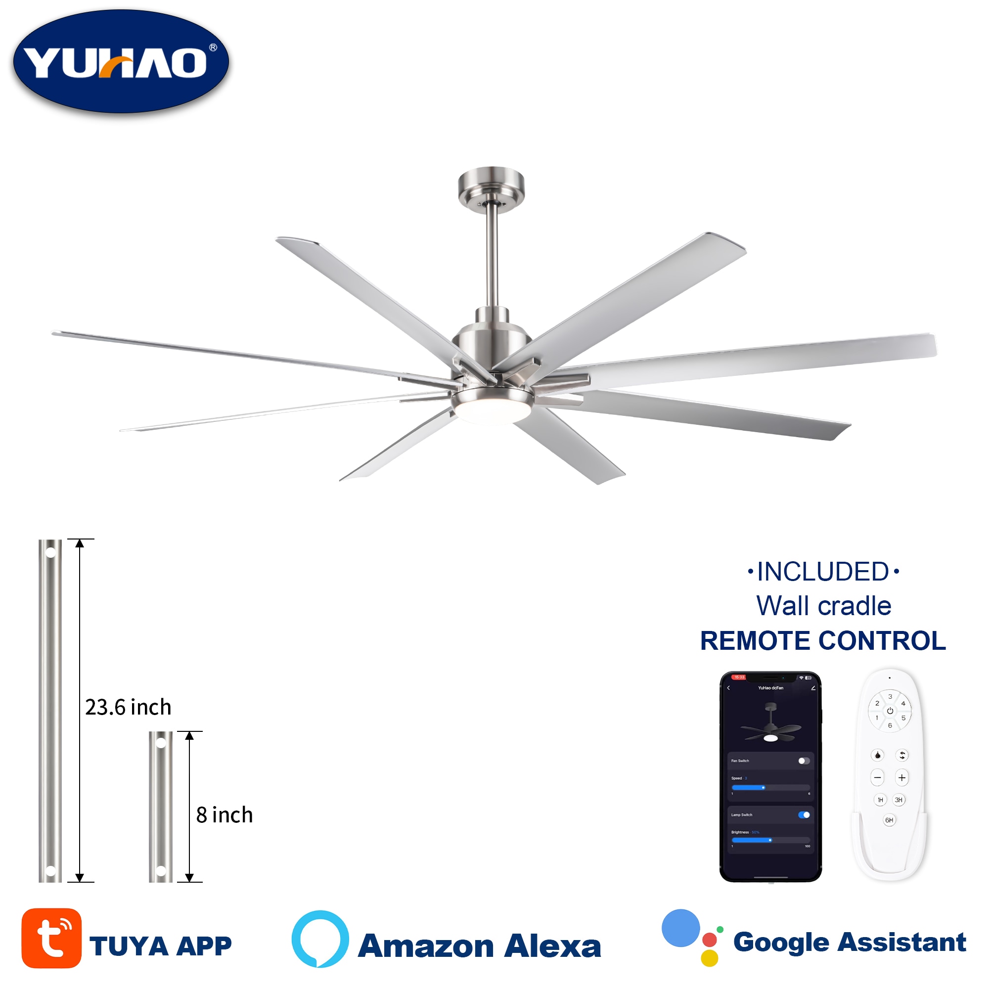 YUHAO LSDC1109SNA722 Bretter 72-in Color-Changing Integrated LED Smart Nickel with Brushed Blades Ceiling Fan With Light and Remote ( 8 -Blade )