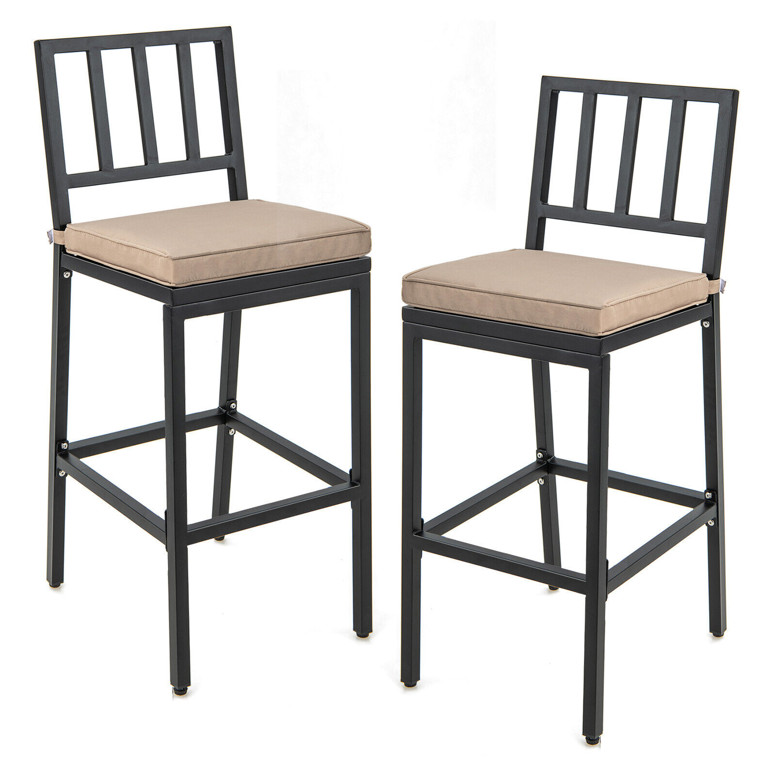 Slickblue D-CO-2-KD05701VJ Set of 2 Stackable Black Powder-Coated Metal Frame Bar Chair with Beige Cushion Seat for Patio Terrace Kitchen Use