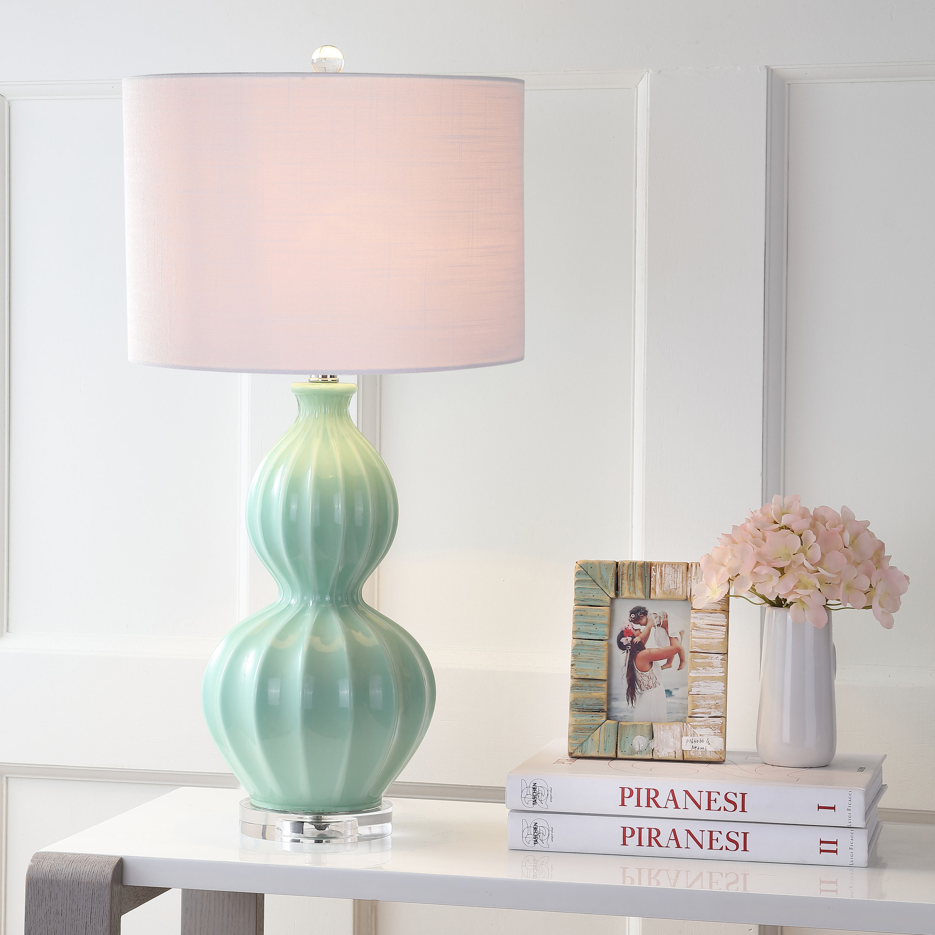 JONATHAN  Y JYL5015A Faye Glass Transitional 28-in Chrome LED Incandescent Rotary socket Table Lamp with Linen Shade