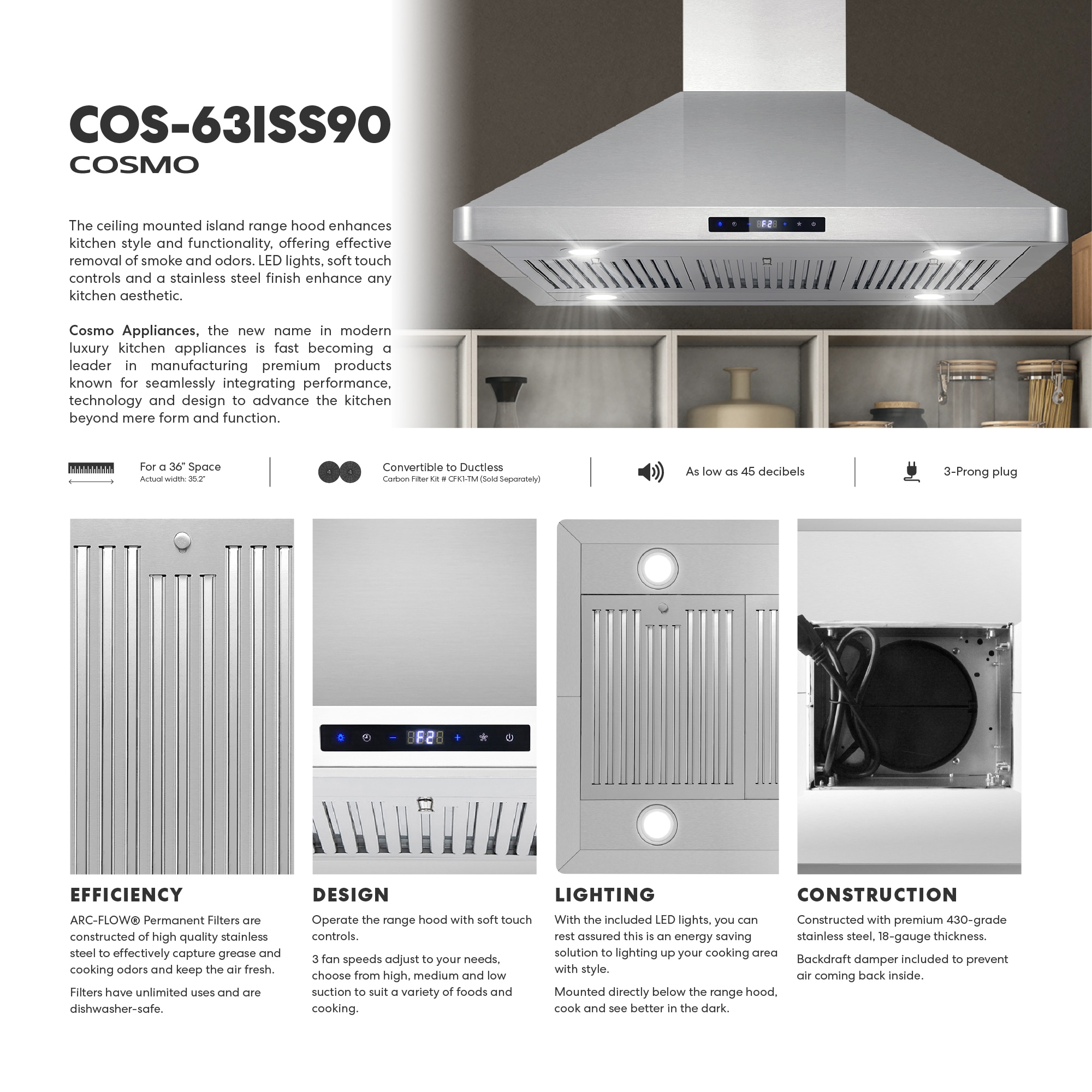 36" Stainless Steel Island Mount Range Hood with LED Lighting