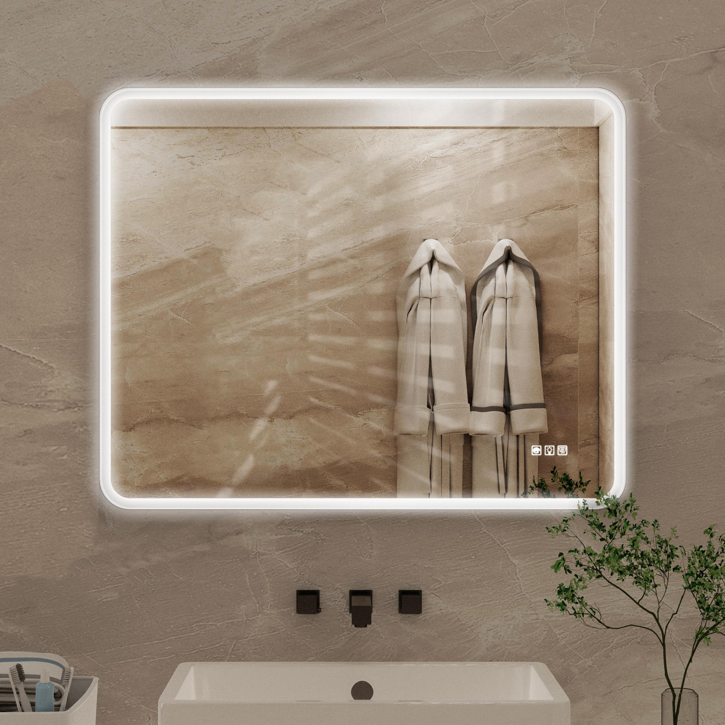 Bayfeve BF-195769-MIR Bathroom Vanity Mirror 40-in x 32-in Framed Rectangle Dimmable LED Lighted Fog Free Bathroom Vanity Mirror ( Matte White )