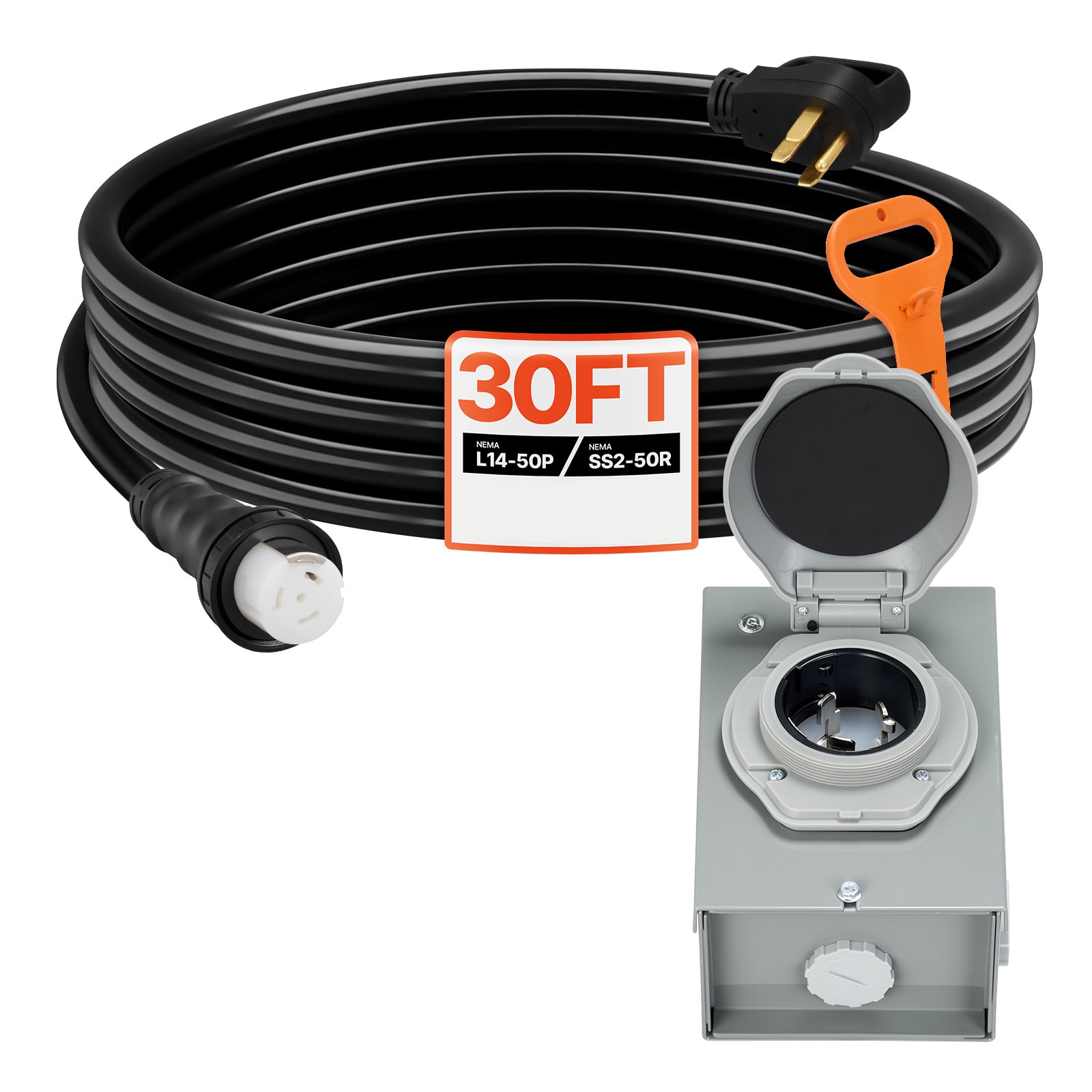 Mecale 50 A 12500W NEMA 14-50P to SS2-50R Generator Power Inlet Box Kit with 30 ft 6/3 8/1 AWG Cord Black