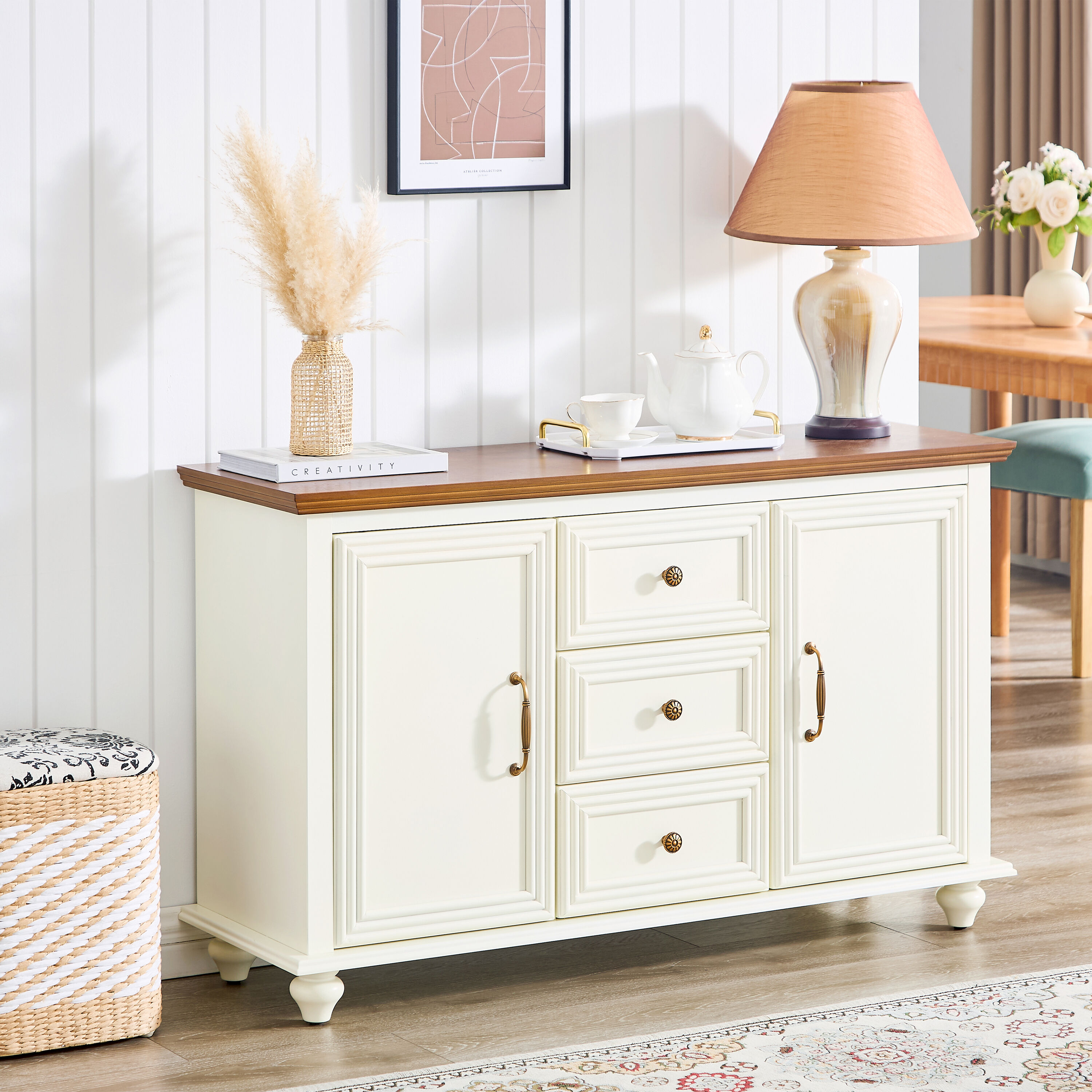 <週末価格>3ドア Low Cabinet 白　*送料込み GLANZEND 47.3 in Brown and White MDF Farmhouse Sideboard Buffet