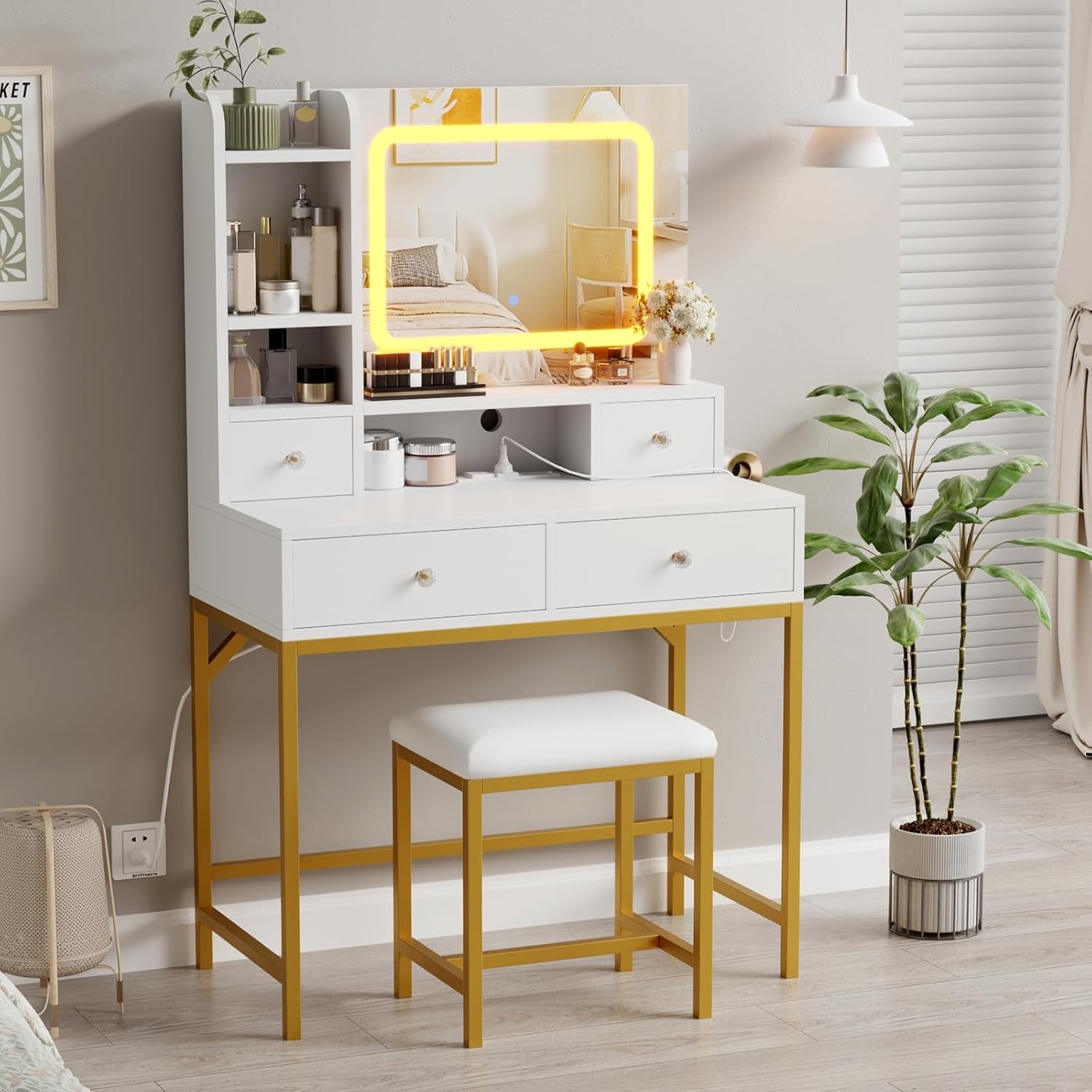 IdealHouse Black Modern Vanity Desk with 3 Adjustable Lighting Mode ...