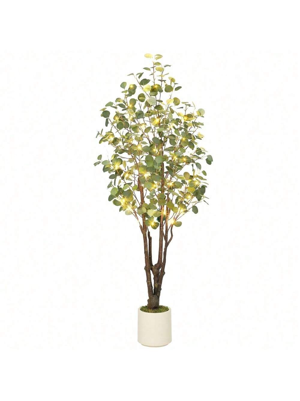 Qeetex PHK-33YM5S9F-HF4 6FT(with lights) Realistic Artificial Eucalyptus Tree with White Planter. Large Faux Floor Plant with Lights. Ideal for Home Office and Living Room Decor