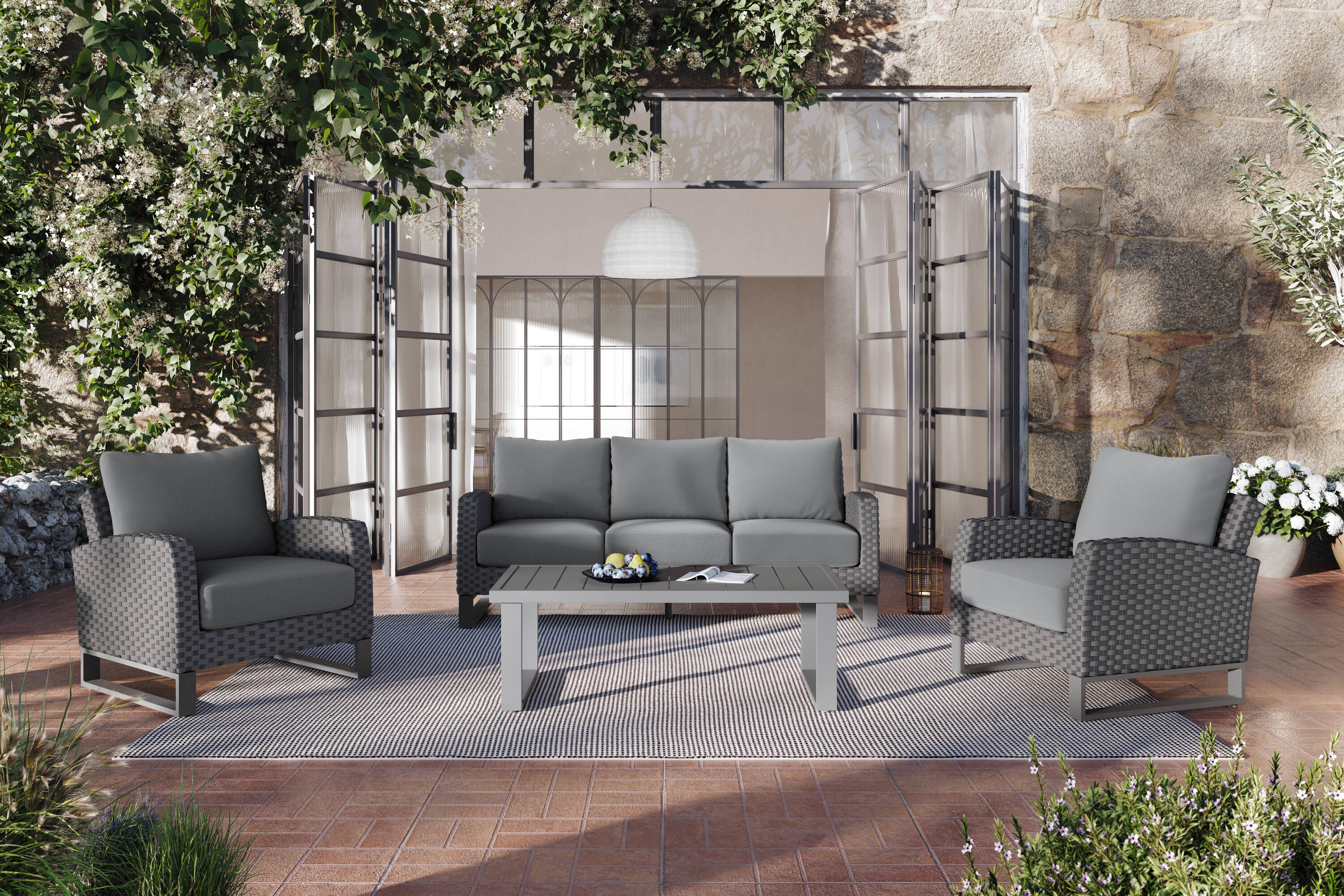MANHATTAN SQUARE 60-801G-4P Fiji 4-Piece Wicker Patio Sofa Conversation Set with Gray Cushions