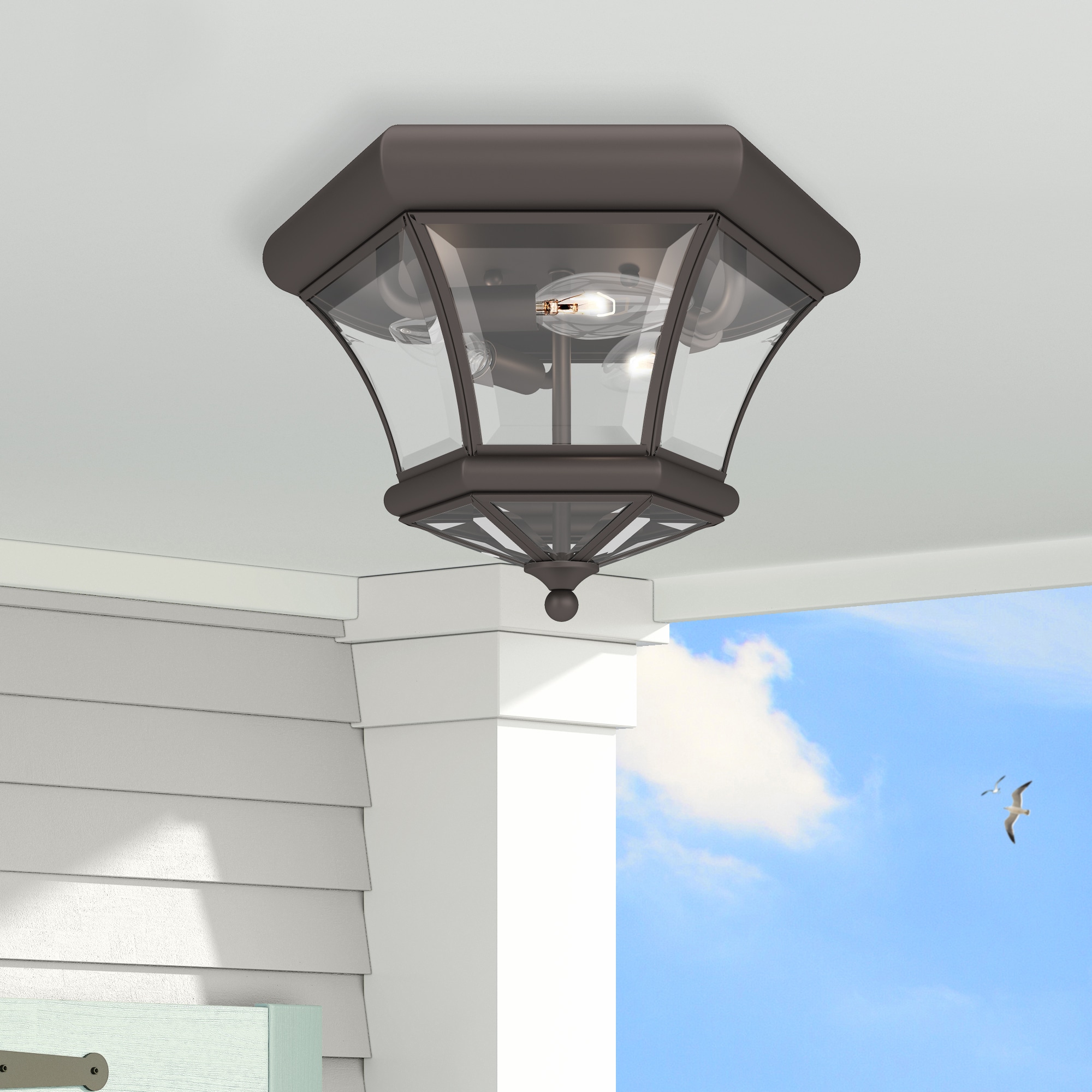 Colonial Bronze 3-Light Outdoor Flush Mount with Clear Beveled Glass