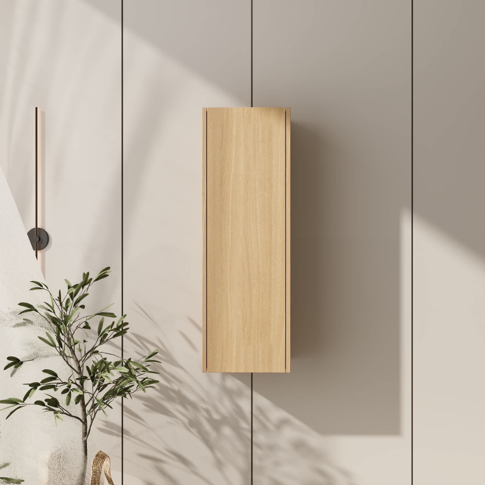 Roomfitters  12 Inch Wall Mounted Side Cabinet Soft Closing Door Floating Bathroom Storage Tower Oak