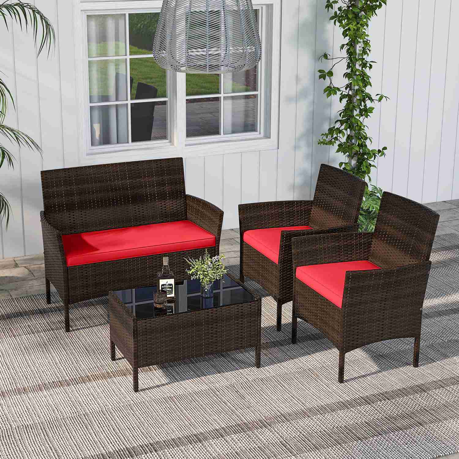 Costway HCST05103 4 PCS Patio Furniture Set with Washable Cushions and Tempered Glass Coffee Table Red