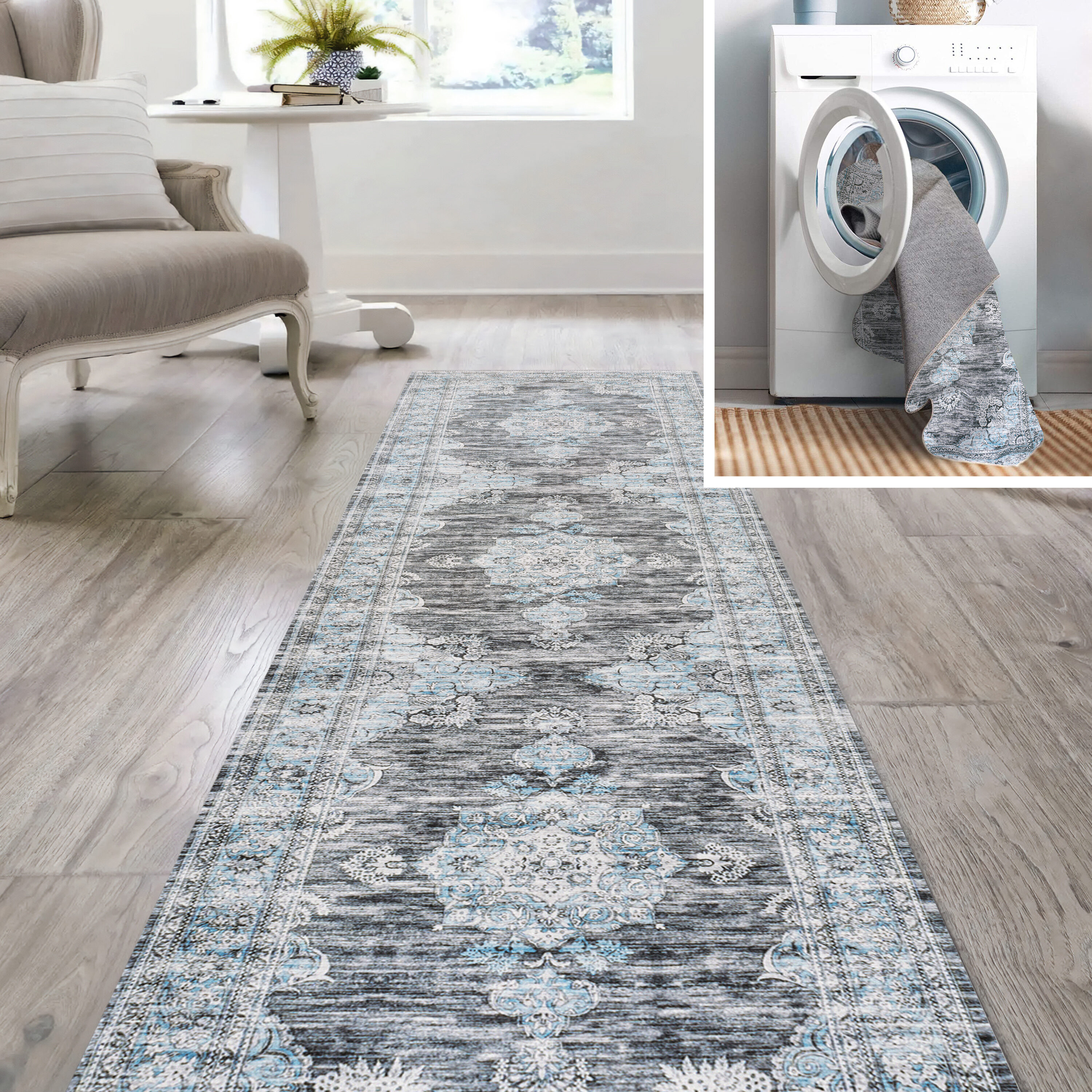 JONATHAN  Y WSH201D-28 WASHABLE Bausch Boehmian Distressed Chenille 2 x 8 (ft) Loomed Chenille Dark Gray/Blue Rectangular Indoor Medallion Bohemian/Eclectic Machine washable Runner rug