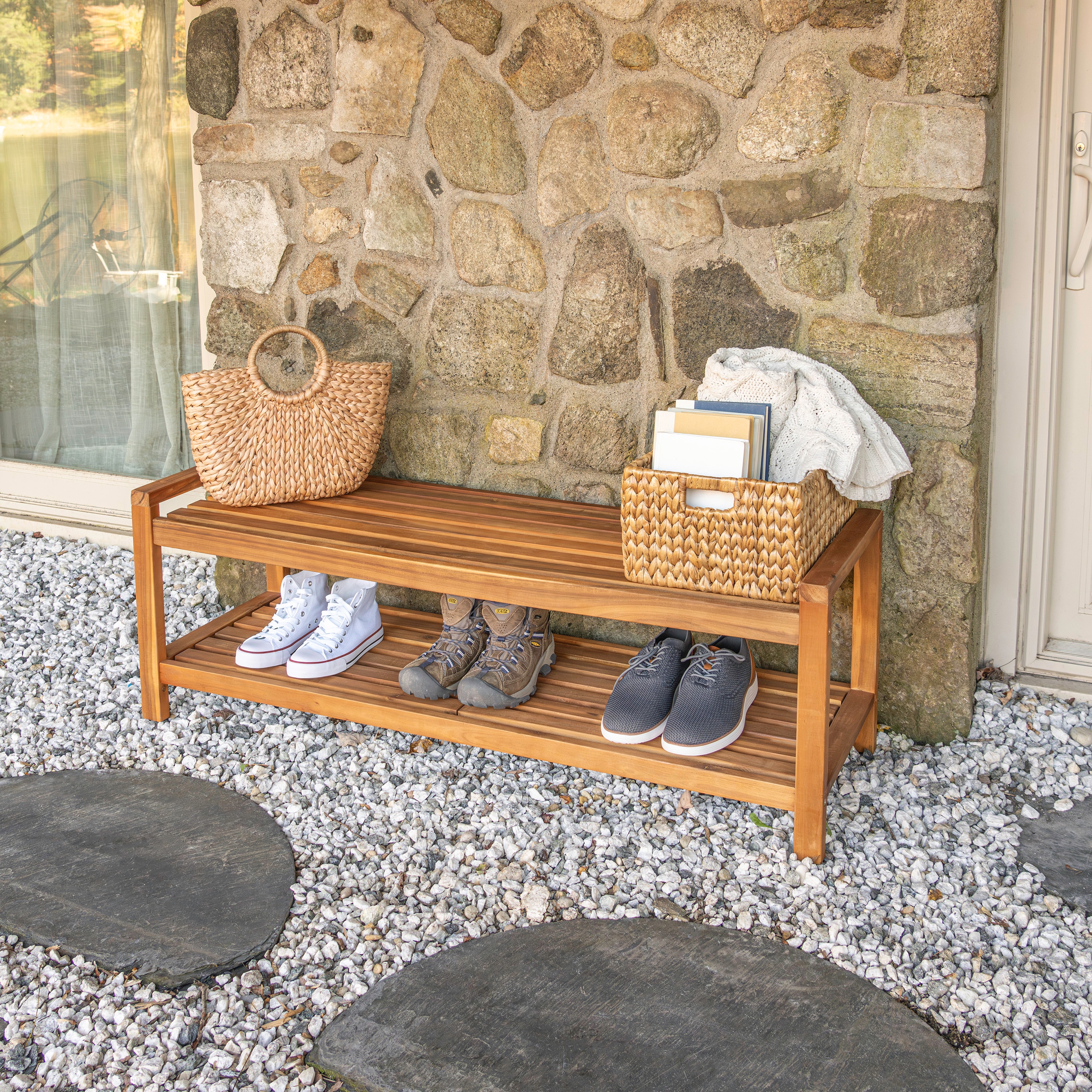 Blane Teak Acacia Wood 52" Mid-Century Modern Outdoor Bench