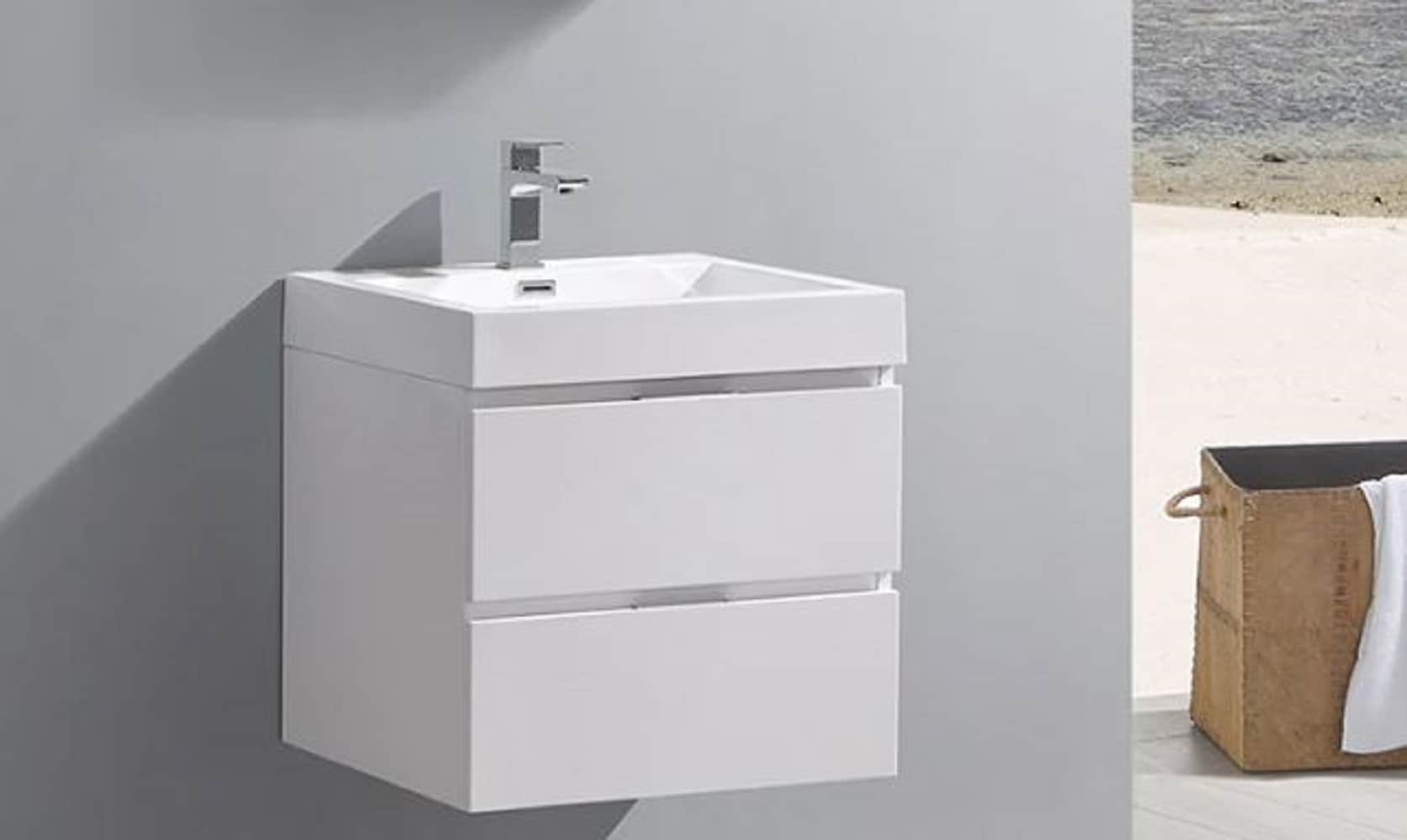 Glossy White 24" Wall-Mount Bathroom Vanity with Acrylic Sink
